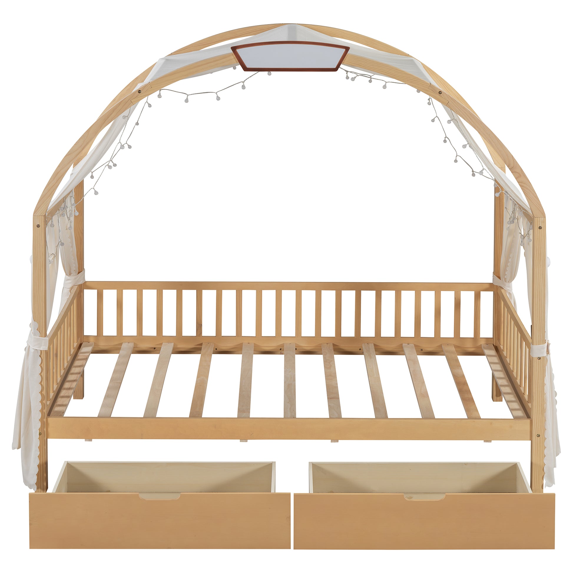 Twin Size Bed With Arched Roof And 2 Drawers, Natural Twin Natural Plywood