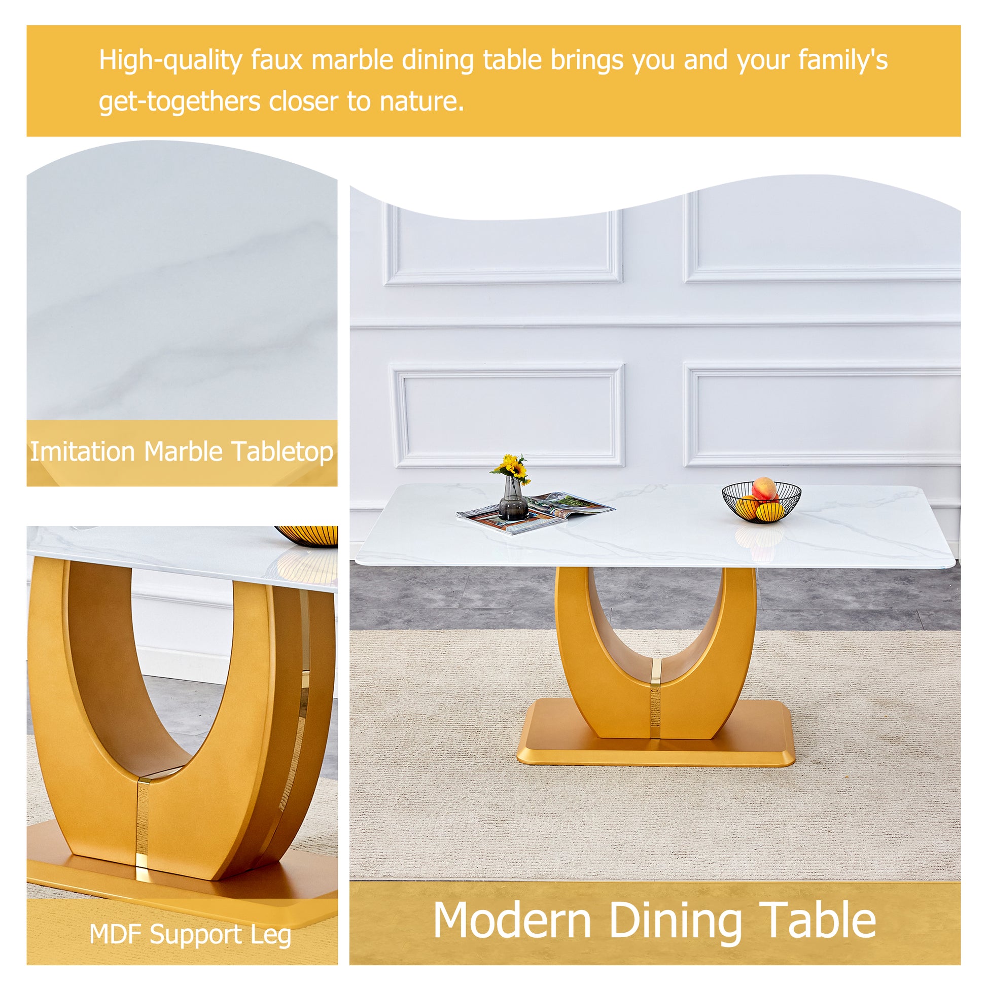 Modern Simple Luxury White Imitation Marble Decorative Glass Dining Table, Golden Legs, Rectangular Desk. A Computer Desk. Games Table, Dining Room, Living Room, Terrace, Kitchen. Gold White Mdf