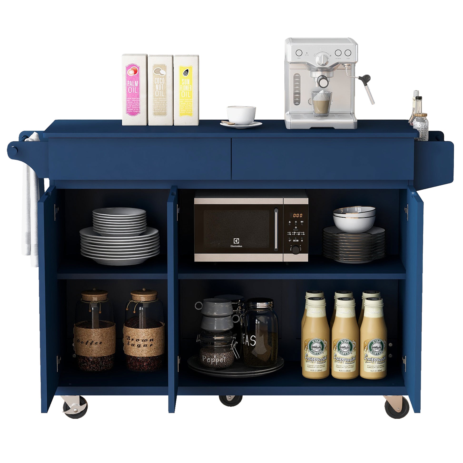 K&K 53.2'' Kitchen Island With Drop Leaf, Kitchen Storage Cart With Spice Rack, Towel Rack And 2 Drawers, Rolling Kitchen Island On Wheels With Adjustable Shelves For Kitchen, Dining Room, Navy Blue Navy Blue Brown Kitchen