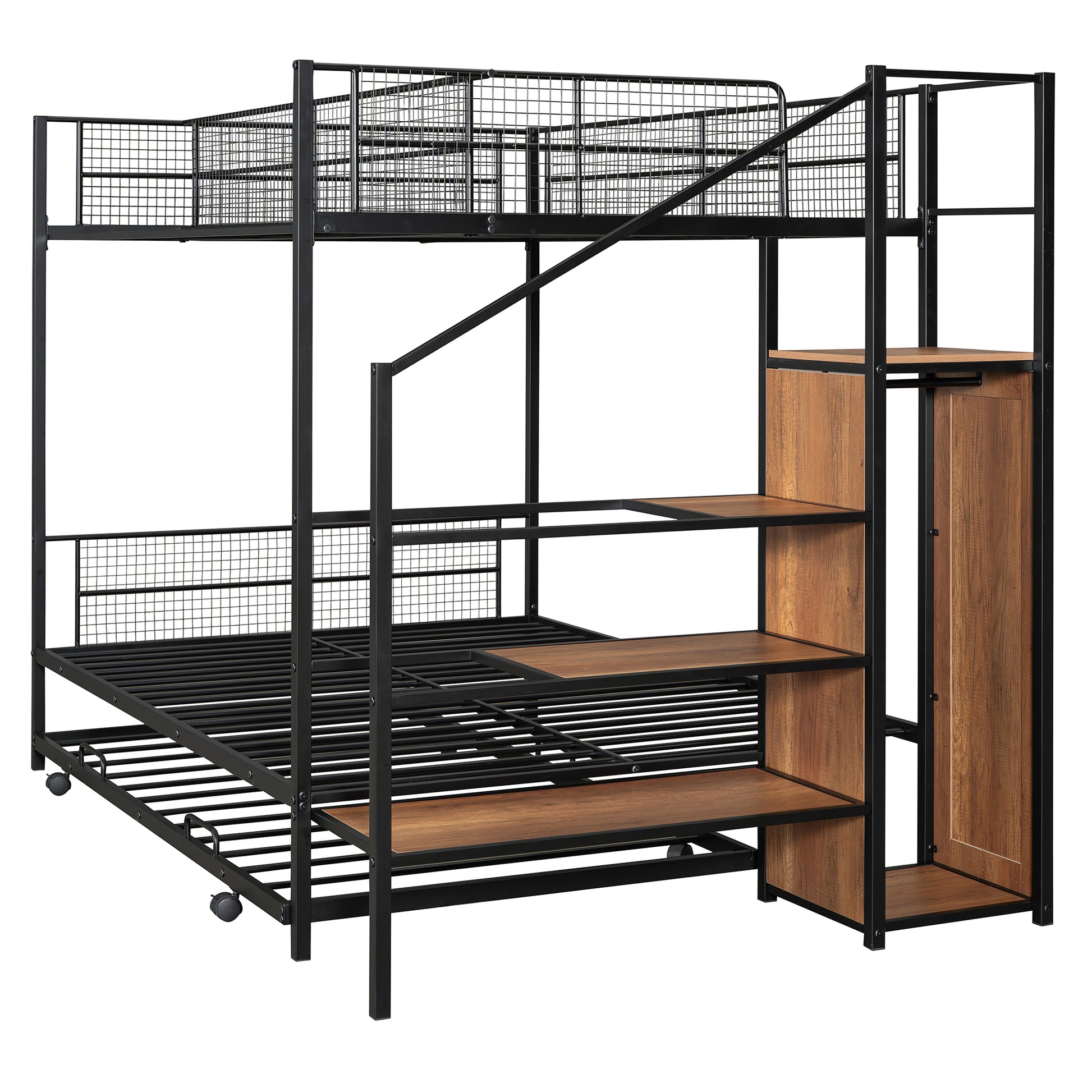 Twin Over Full Metal Bunk Bed With Trundle And Lateral Storage Ladder And Wardrobe, Black Black Metal