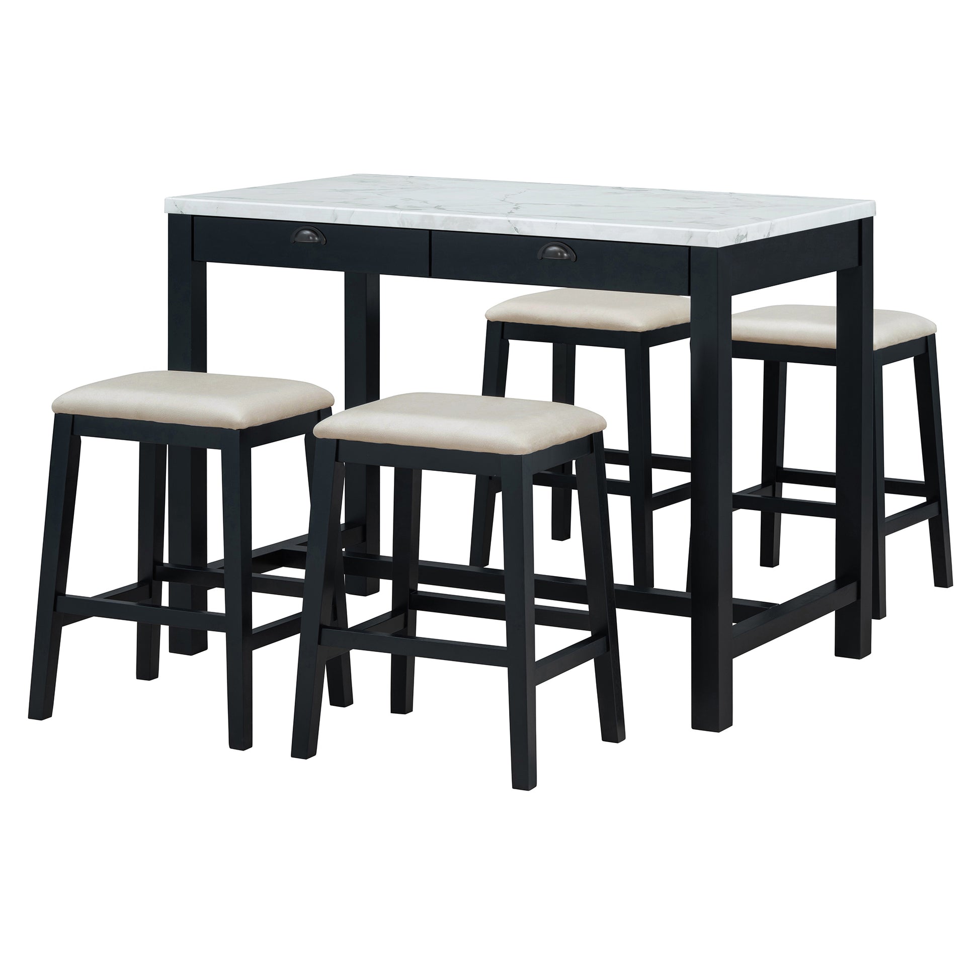 5 Piece Modern Faux Marble Versatile Bar Table Set With Storage Drawers And Padded Stools, Ideal For Space Saving Dining Nooks Or Small Kitchens Black Black Solid Wood Mdf