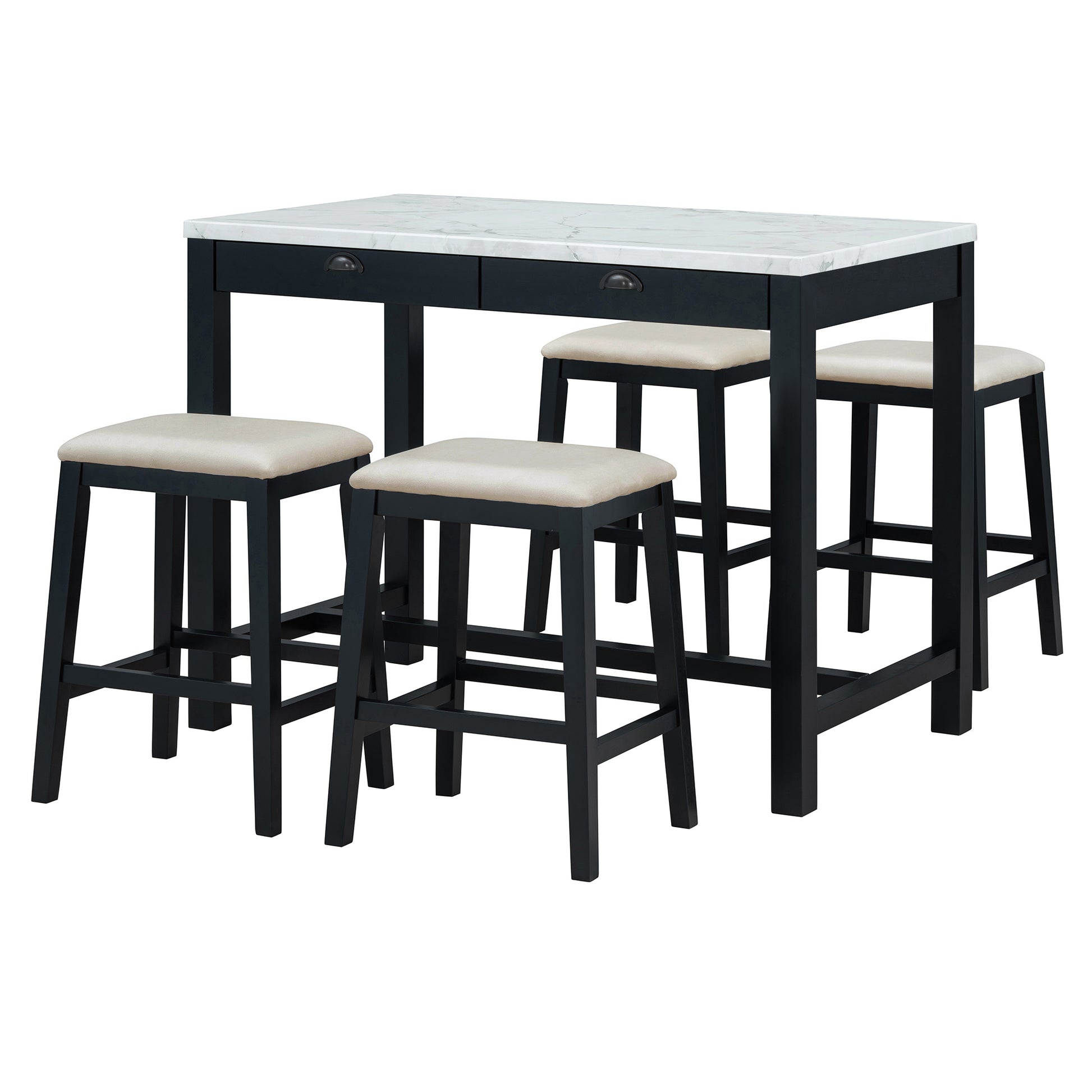 3 Piece Modern Faux Marble Versatile Bar Table Set With Storage Drawers And Padded Stools, Ideal For Space Saving Dining Nooks Or Small Kitchens Black Black Solid Wood Mdf