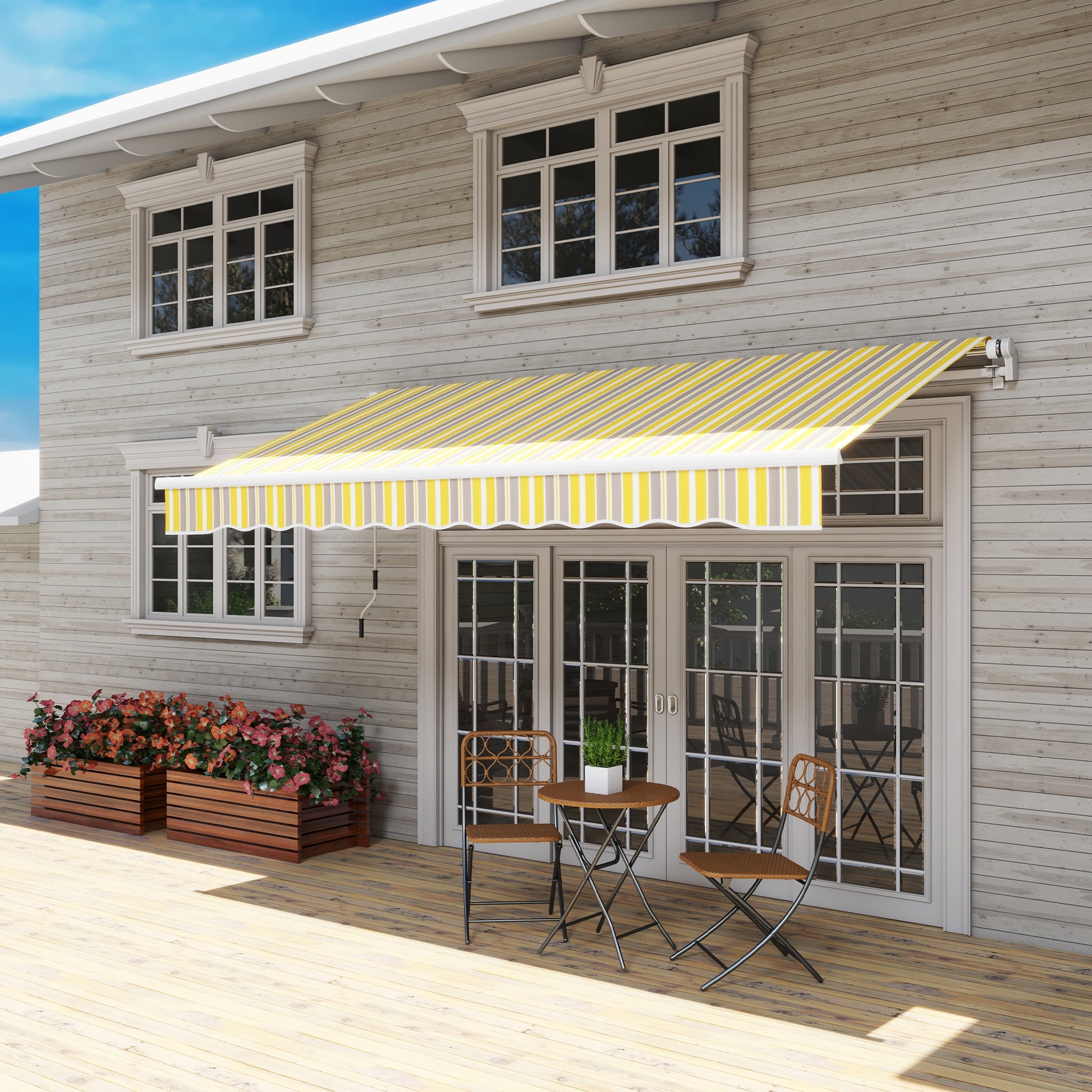 Outsunny 12' X 10' Retractable Awning Patio Awnings Sun Shade Shelter With Manual Crank Handle, 280G M Uv & Water Resistant Fabric And Aluminum Frame For Deck, Balcony, Yard, Yellow And Gray Yellow Grey Aluminum