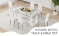 Table And Chair Set.A Rectangular Dining Table Features With Tempered Glass Top And Sleek White Mdf Stand.Paried With 6 Pu Chairs With Checkered Armless High Back And Electroplated Metal Legs. White Seats 6 Mdf Glass