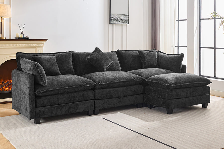 112.2" L Shape Chenille Upholstered Sofa For Living Room Modern Luxury Sofa Couch With Ottoman And 5 Pillows For Living Room Sg001160Aa , Black Black Foam 4 Seat