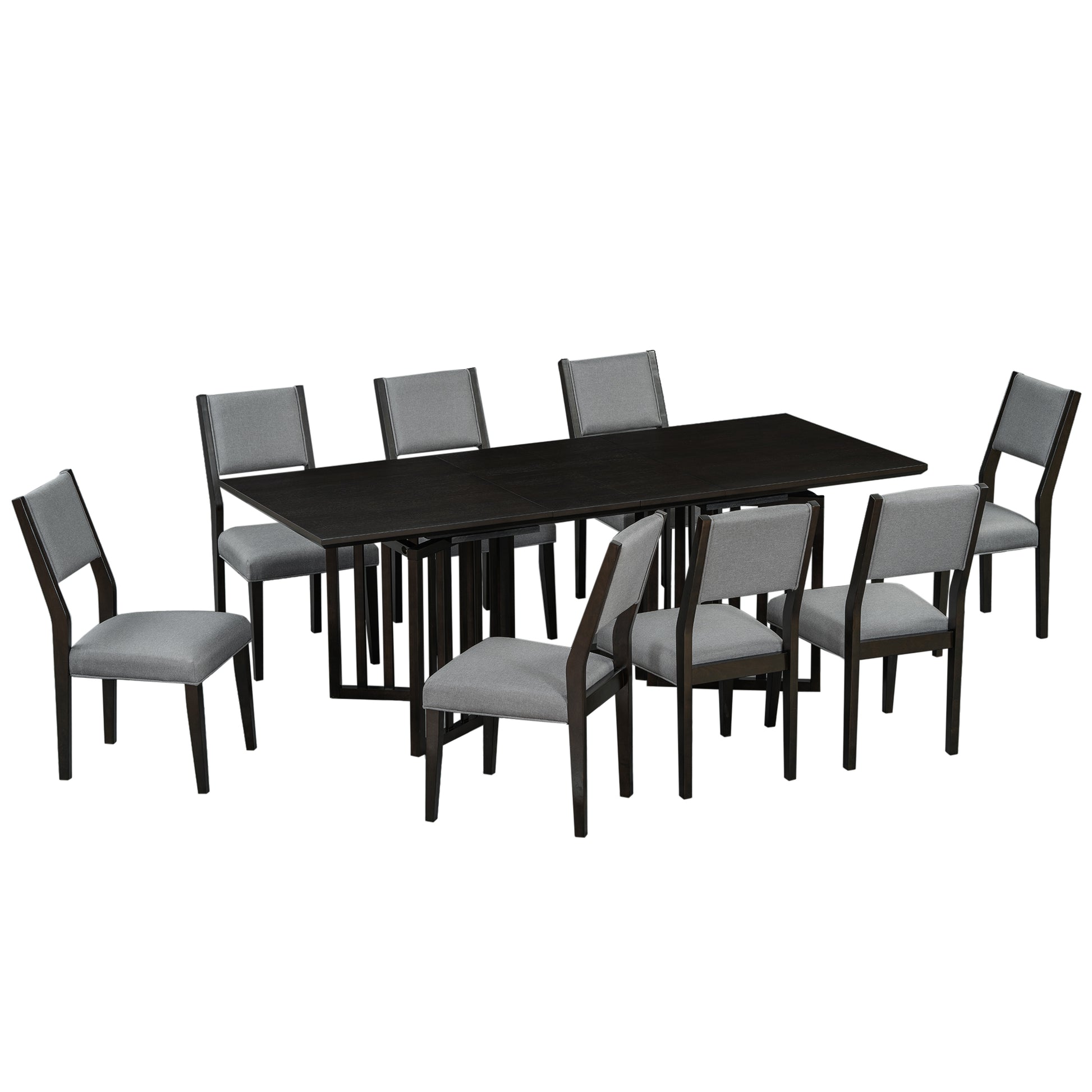 Farmhouse 9 Piece 83.9Inch Extendable Dining Table Set With 2 12 Inch Removable Leaves And 8 Upholstered Dining Chairs, Espresso Wood Dining Room Solid Wood Rubberwood Rectangular Dining Table With Chair Upholstered Chair Wood Espresso Seats 8 Removable