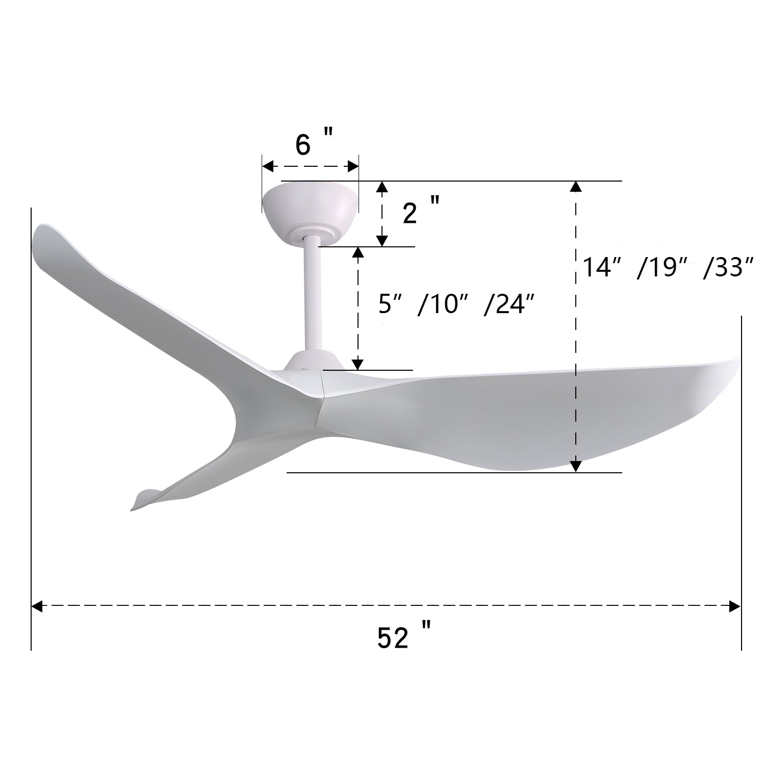 52 Inch Indoor Without Light, 6 Speeds Reversible Dc Motor, 3 Abs Blade White For Bedroom White Abs