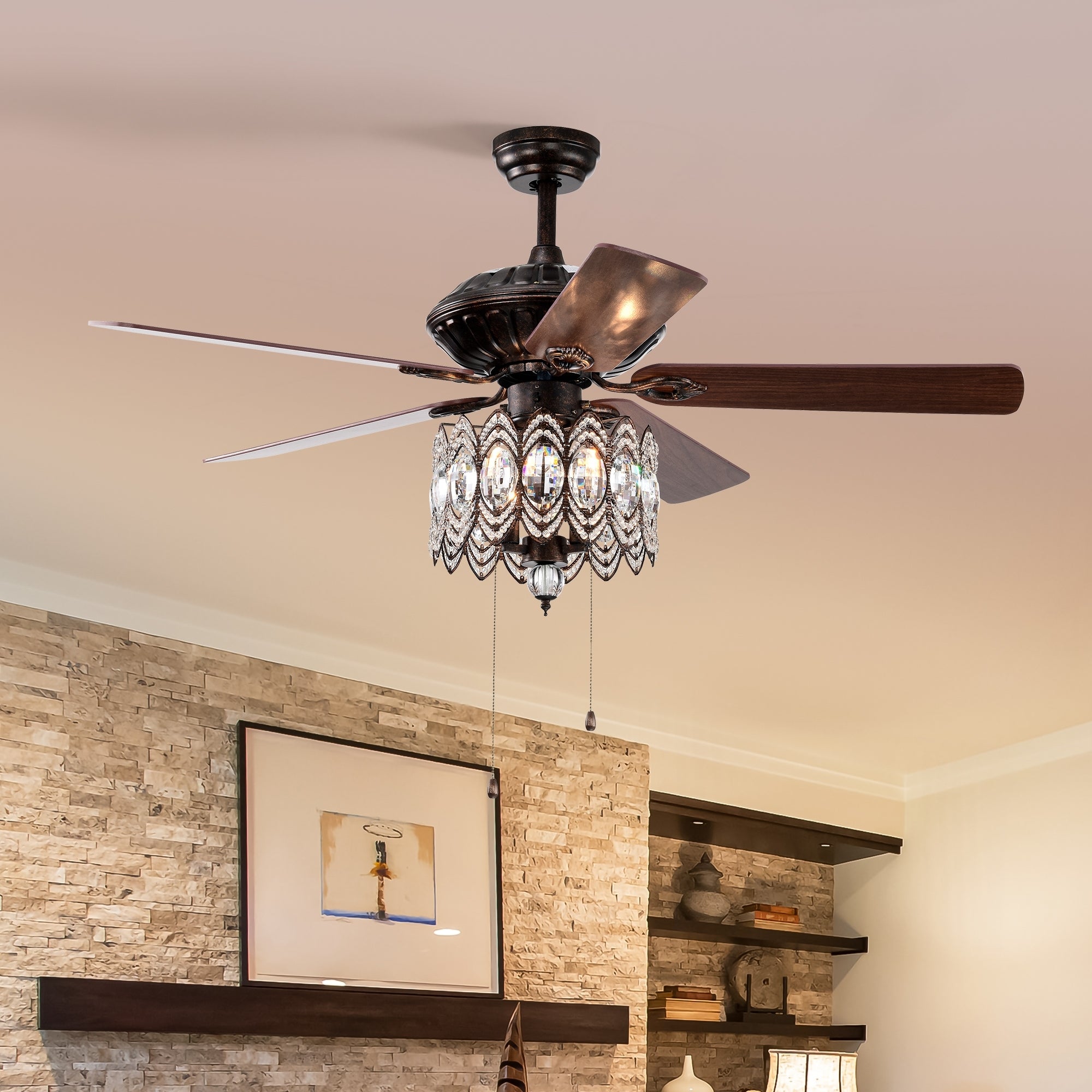 52'' Classical Crystal Ceiling Fan Lamp,3 Speed5 Reversible Blades For Living Room, Dining Room, Bedroom, Family Room, Rustic Bronze ,3Pcs*E12 No Include Bulb, Hand Pull Chain Rustic Brown American Traditional,Antique,Classic,Contemporary Abs Metal