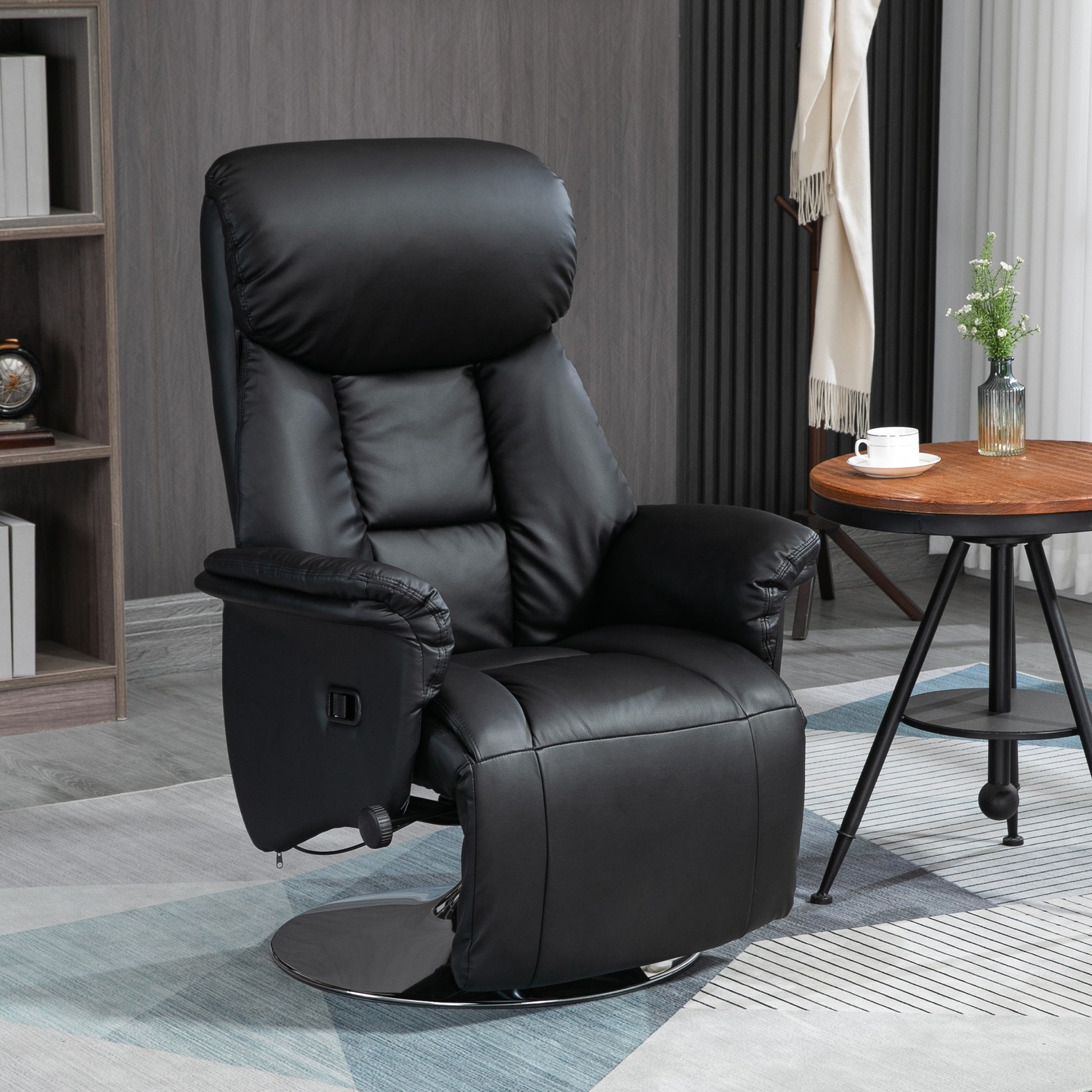 Homcom Manual Recliner Chair For Adults, Adjustable Swivel Recliner With Footrest, Padded Arms, Pu Leather Upholstery And Steel Base For Living Room, Black Black Steel