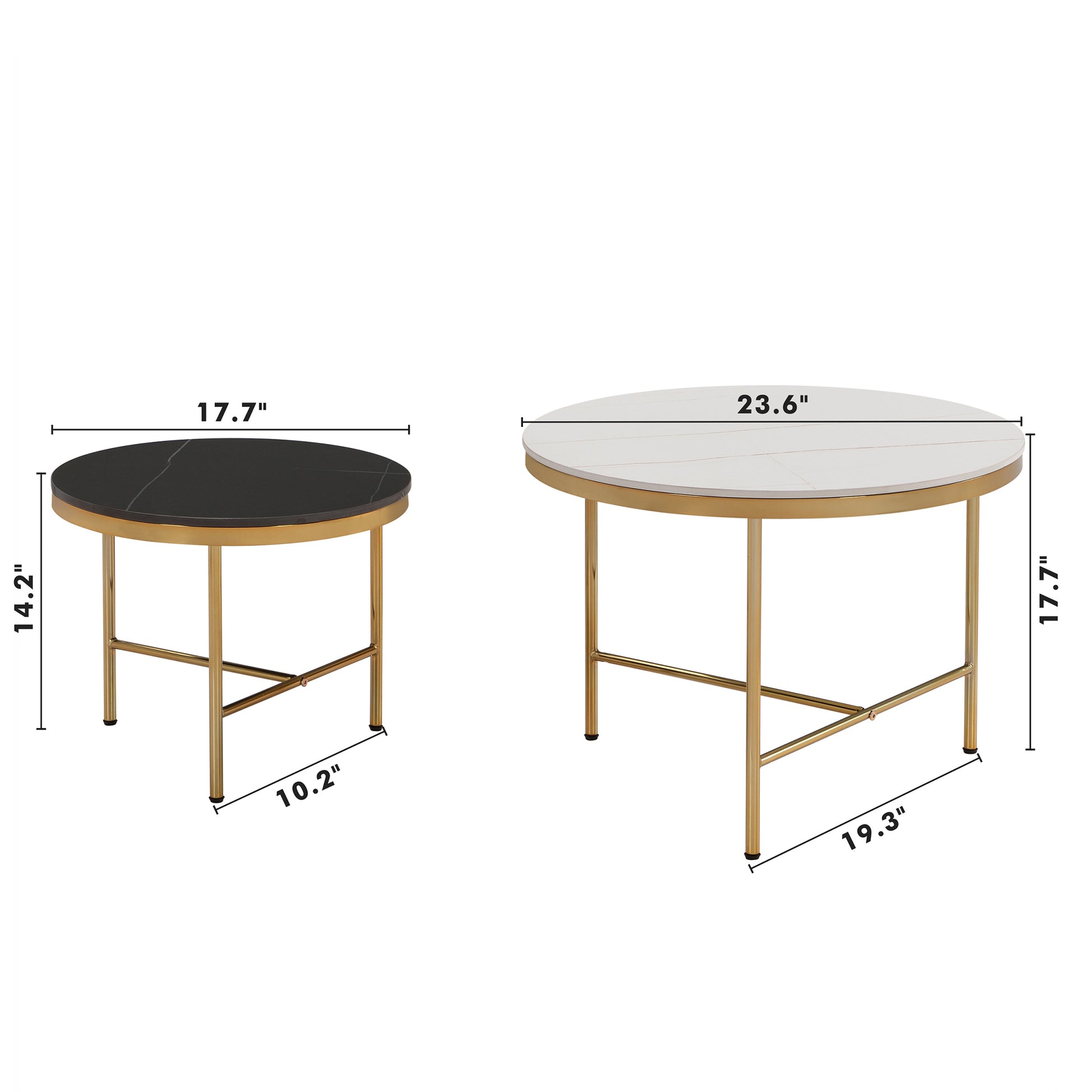 Modern Round Nesting Coffee Table Set 2 Piece Black & White Sintered Stone Top Gold Base In 23.6''&17.7'' Black White Coffee & End Tables Round Metal Sintered Stone T Shape