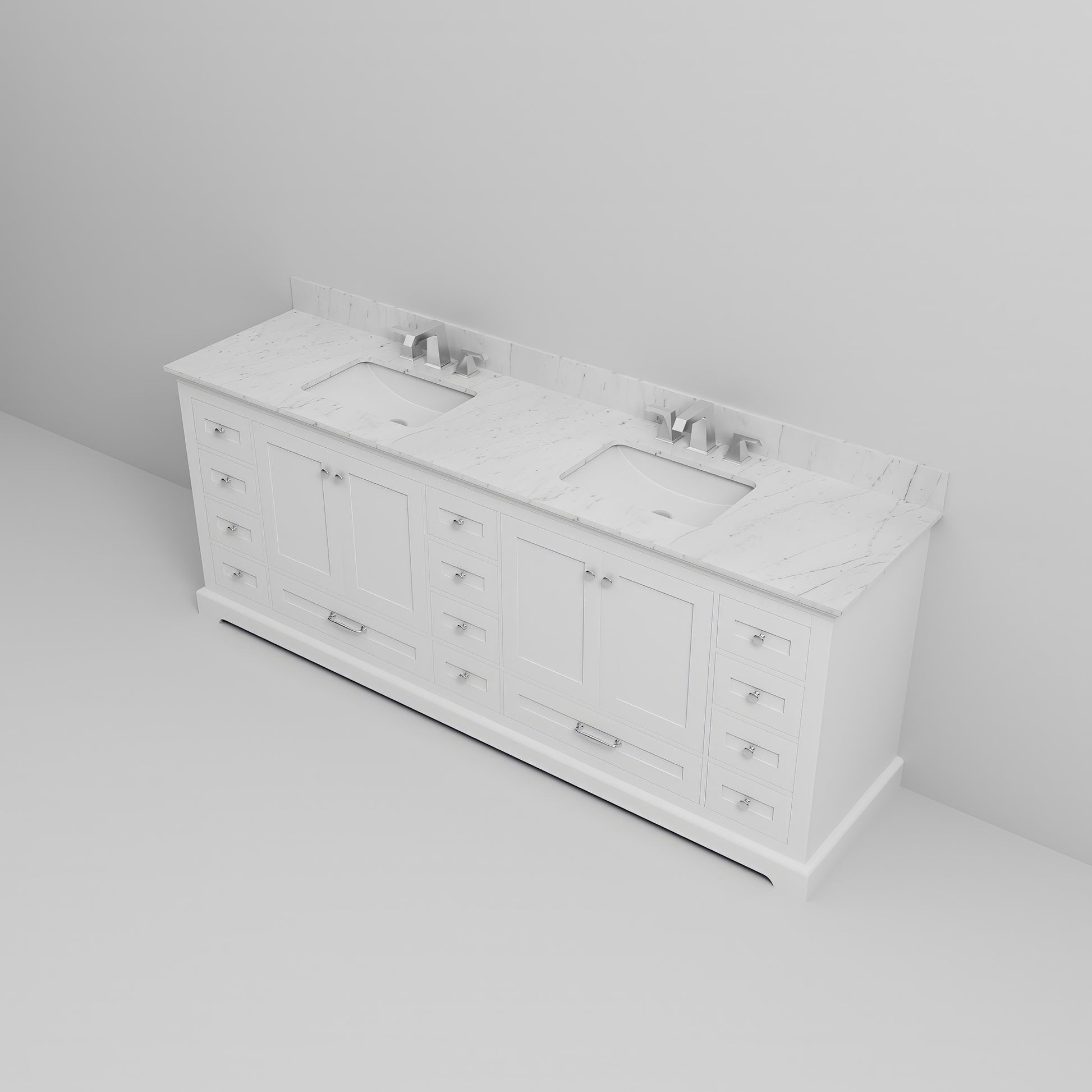 White Double Bath Vanity 84 In. W X 22 In. D, Carrara Marble Top, And Faucet Set White Plywood Wood