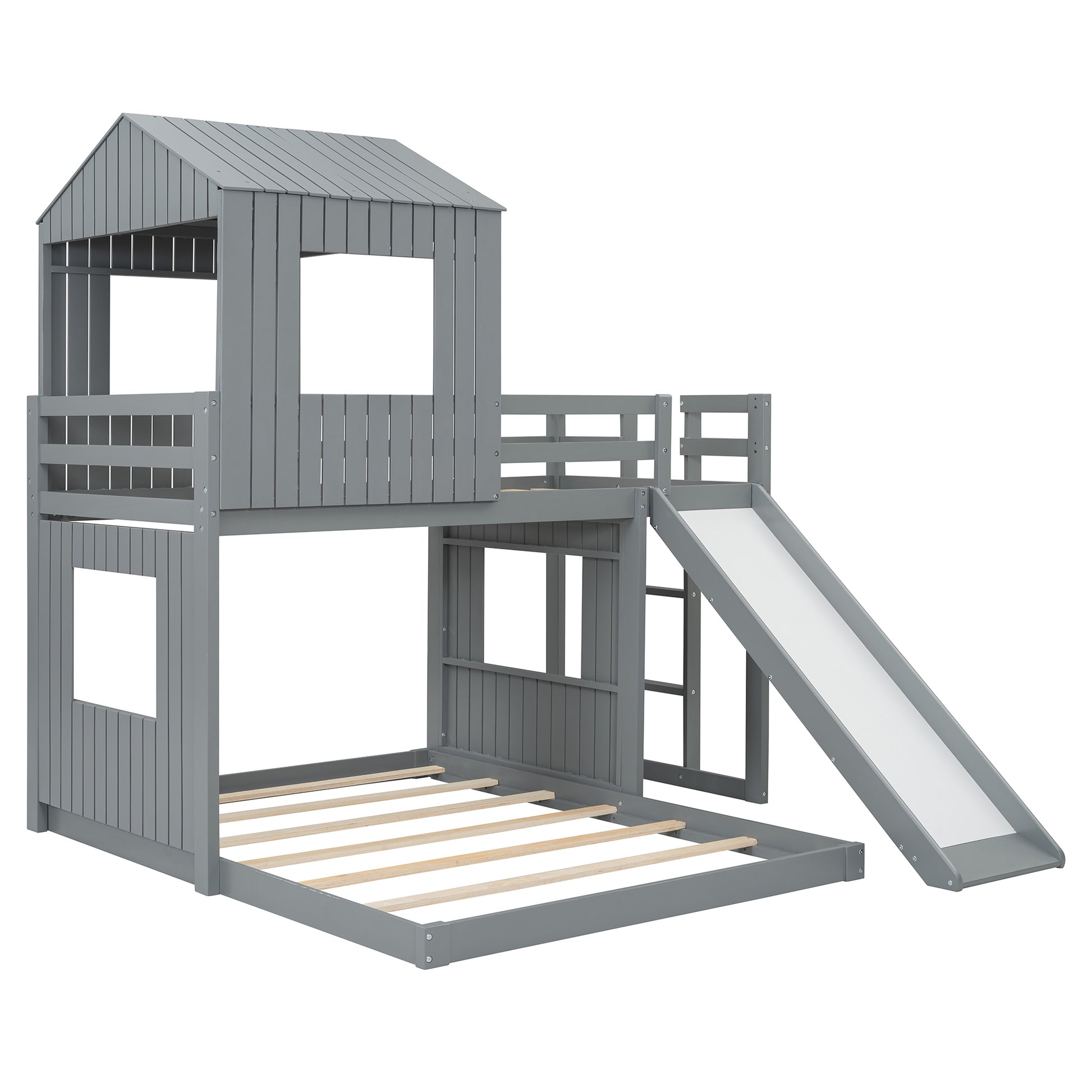 Wooden Twin Over Full Bunk Bed, Loft Bed With Playhouse, Farmhouse, Ladder, Slide And Guardrails, Gray Old Sku :Lt000028Aan Twin Gray Solid Wood