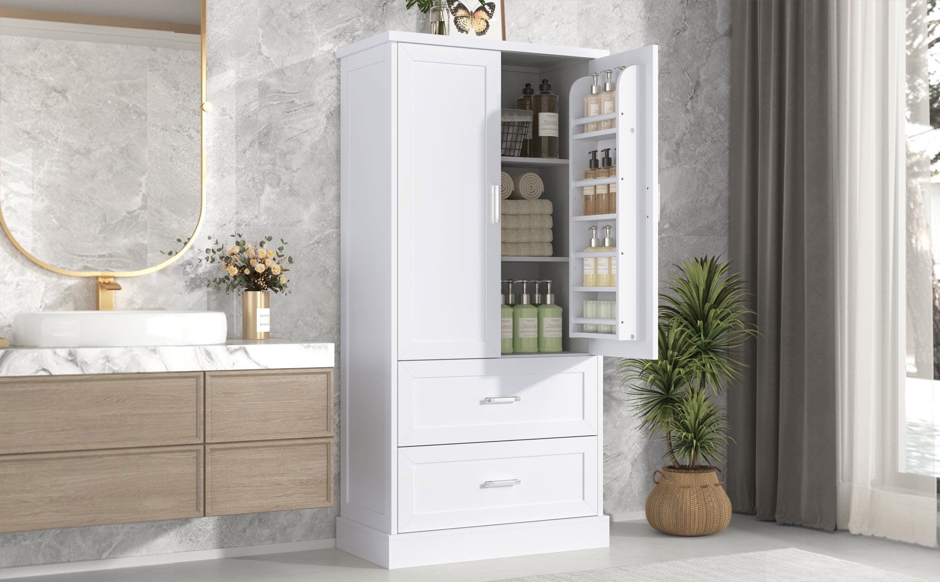 Tall Bathroom Storage Cabinet, Cabinet With Two Doors And Drawers, Adjustable Shelf, Mdf Board, White White Mdf