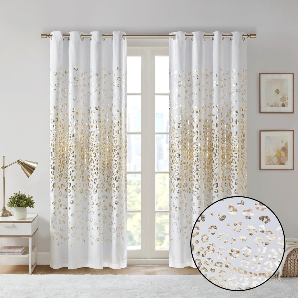 Grommet Top Metallic Animal Printed Total Blackout Curtain Only 1 Pc Panel White Gold Polyester