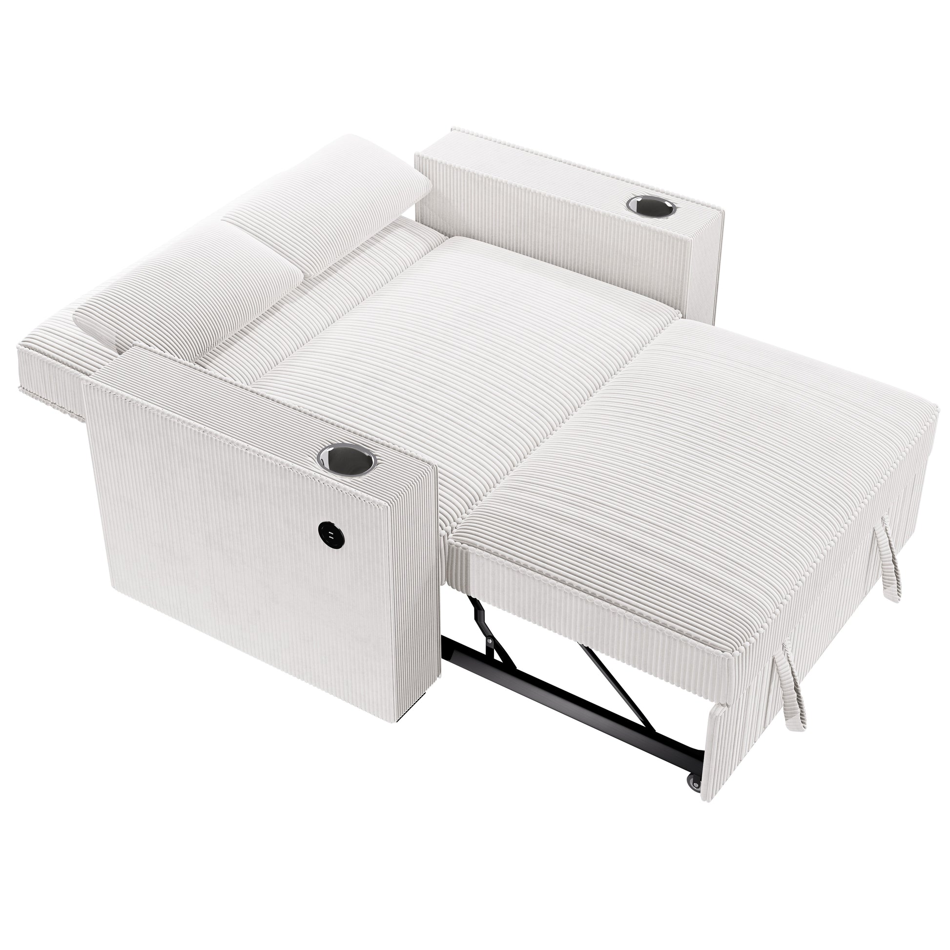 Beige Corduroy Upholstered 2 Seat Sofa W Cup Holders Sleeper Couch 1Pc Convertible Sofa W Usb Beige Corduroy Wood Primary Living Space Cushion Back Contemporary,Modern,Transitional Rubberwood Square