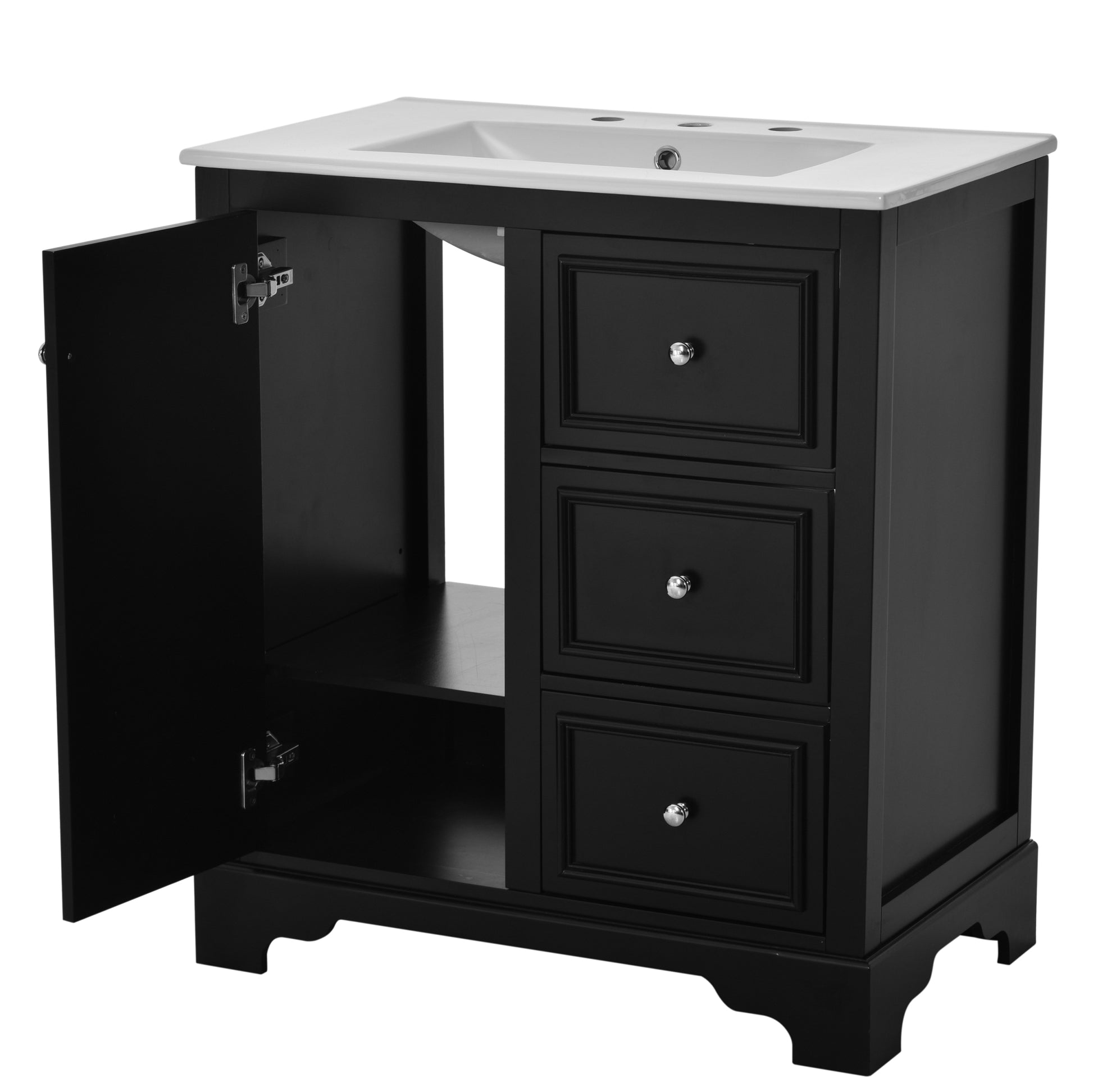 30 Inch Bathroom Vanity Cabinet With Ceramic Basin, 3 Drawers And Adjustable Shelves Black Bathroom Solid Wood Mdf