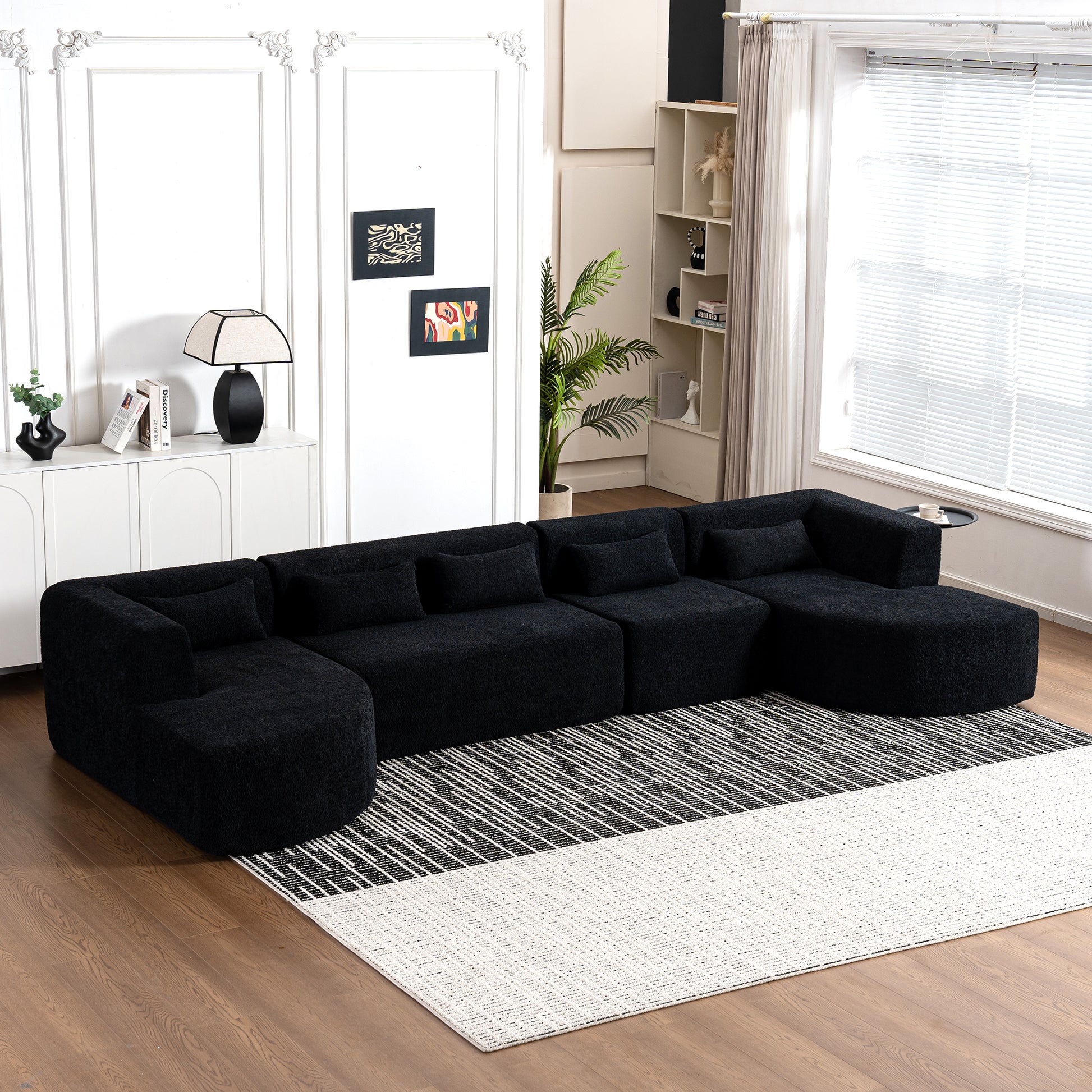 143.7" Upholstered Sofa Free Combined Sofa Couch With Two Chaise Lounge And Five Back Pillows For Living Room, Black Black Foam Polyester 5 Seat