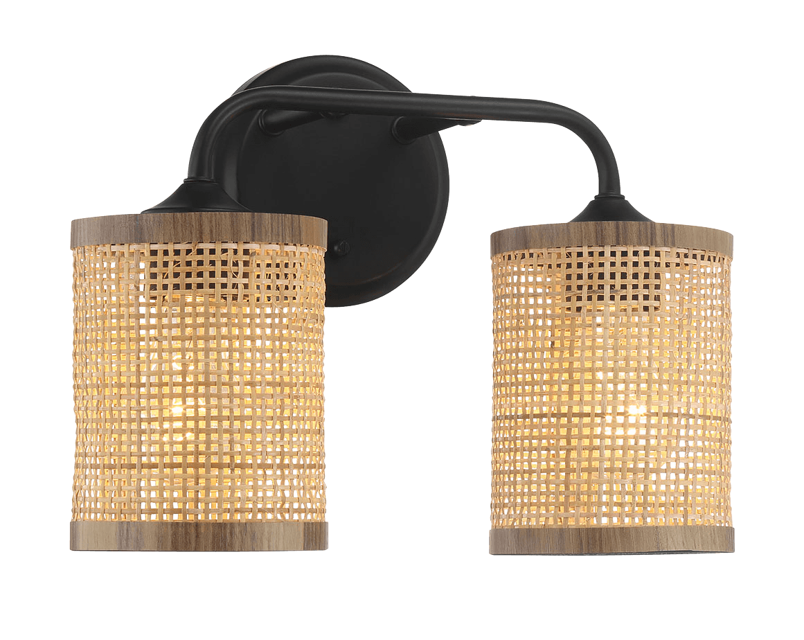 Quell Double Light Vanity With Natural Rattan Shade Wall Lamp Black,Rattan Metal,Rattan