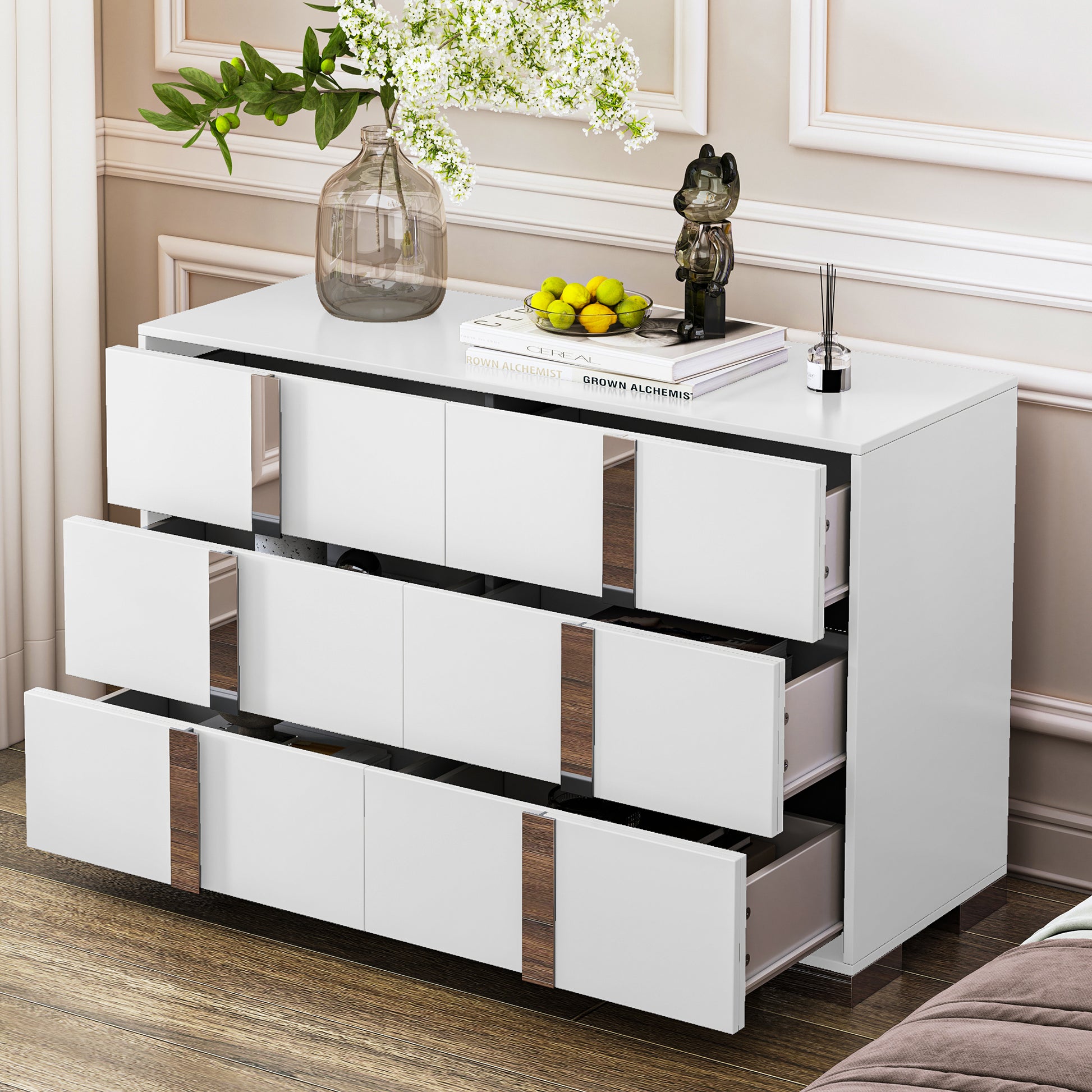 Elegant Modern Dresser With Metal Handle,Mirrored Storage Cabinet With 6 Drawers For Bedroom,Living Room,White White Mdf Metal