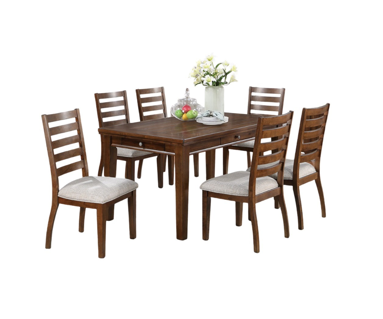 Contemporary Style 7Pc Dining Set Table W 4 Drawers 6X Side Chairs Ladder Back Walnut Finish Kitchen Dining Room Wood Dining Room Solid Wood Rubberwood Rectangular Dining Table With Chair Wood Wood Walnut Ladder Back Seats 6 60 Inches