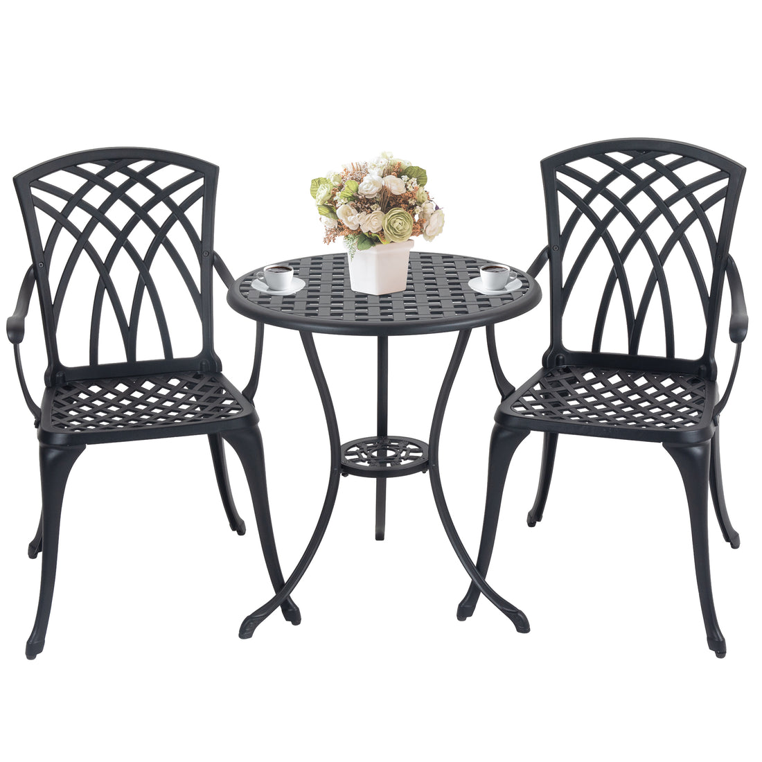 3 Piece Bistro Table Set Cast Aluminum Outdoor Patio Furniture With Umbrella Hole Patio Balcony, Black Black Aluminium