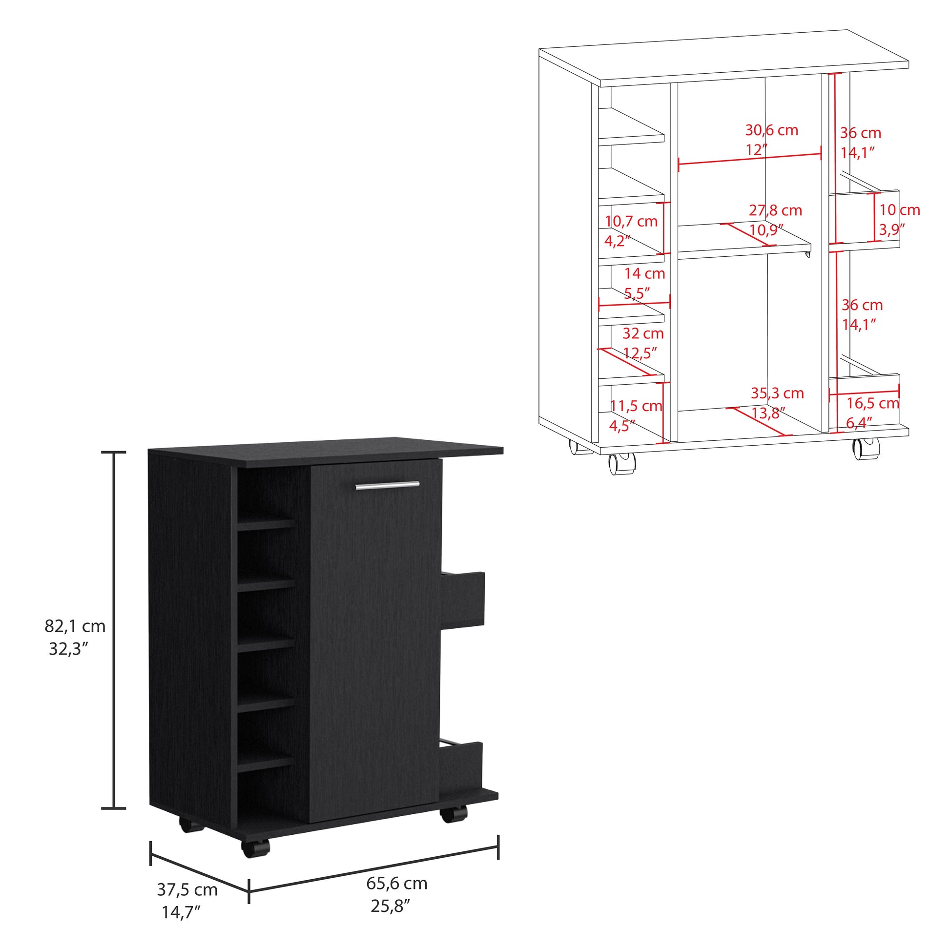 Lothian Bar Cart With Casters, 2 Side Storage Shelves And 6 Wine Bottle Rack Black Primary Living Space Modern Particle Board Engineered Wood