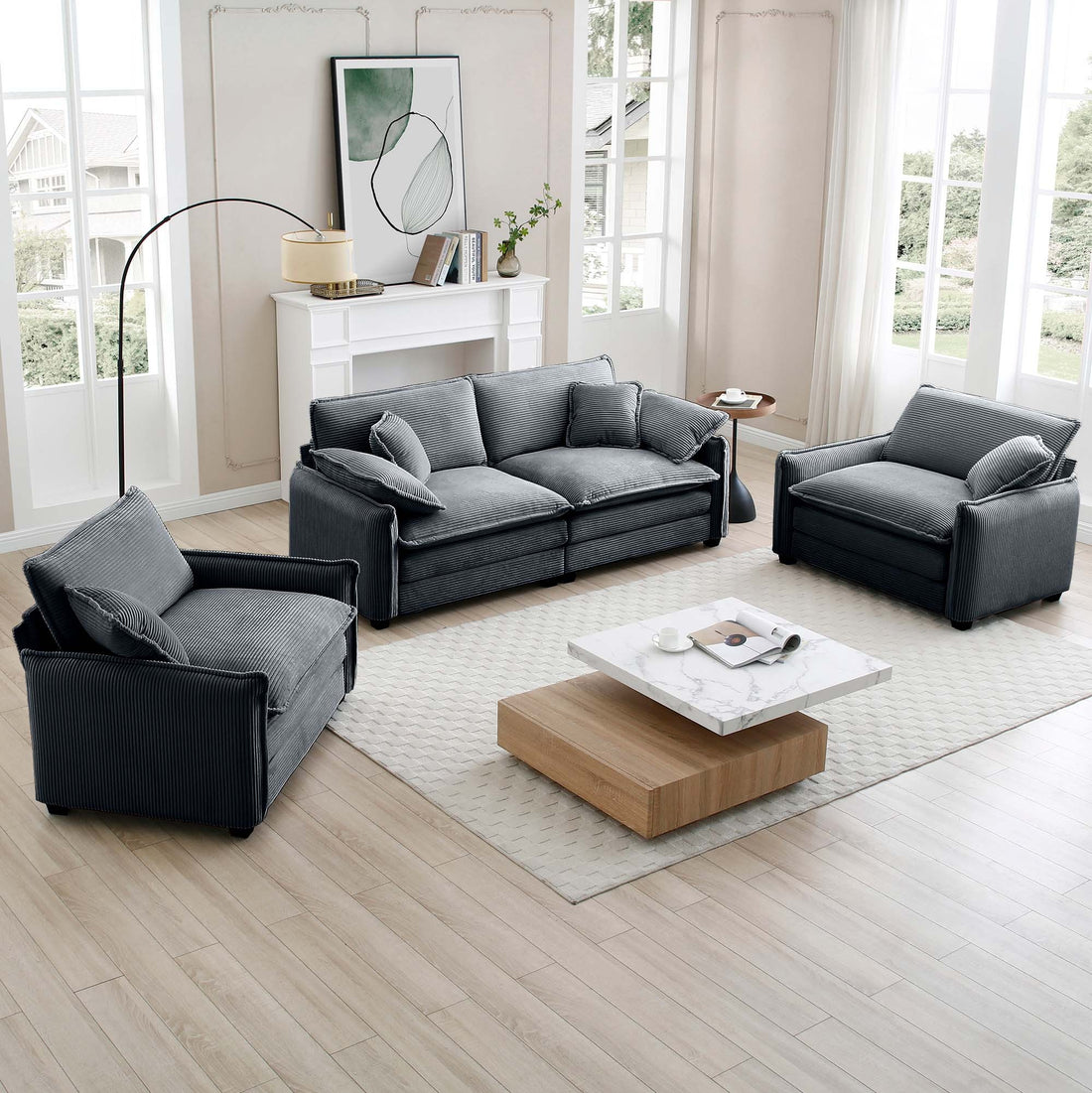 Luxurious And Sophisticated Sofa Set With Soft Cushions And Pillows, Sofa Set For Living Rooms And Clubs As Well As Home Theaters, Consisting Of Two Single Sofas And A 2 Seaters Sofas Ingrey Corduroy Grey Corduroy 4 Seat