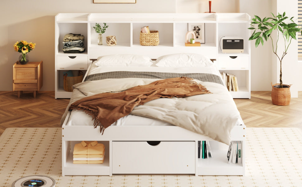 Queen Size Wood Platform Bed With Multi Storage Headboard And A Drawer, White Box Spring Not Required Queen White Wood Bedroom Bed Frame Solid Wood Mdf