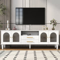 68.9'' Retro Tv Stand For Tvs Up To 75 Inches, Entertainment Center Media Console With Fluted Glass Doors And Five Solid Wood Legs For Living Room White 70 79 Inches Mdf