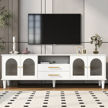 68.9'' Retro Tv Stand For Tvs Up To 75 Inches, Entertainment Center Media Console With Fluted Glass Doors And Five Solid Wood Legs For Living Room White 70 79 Inches Mdf