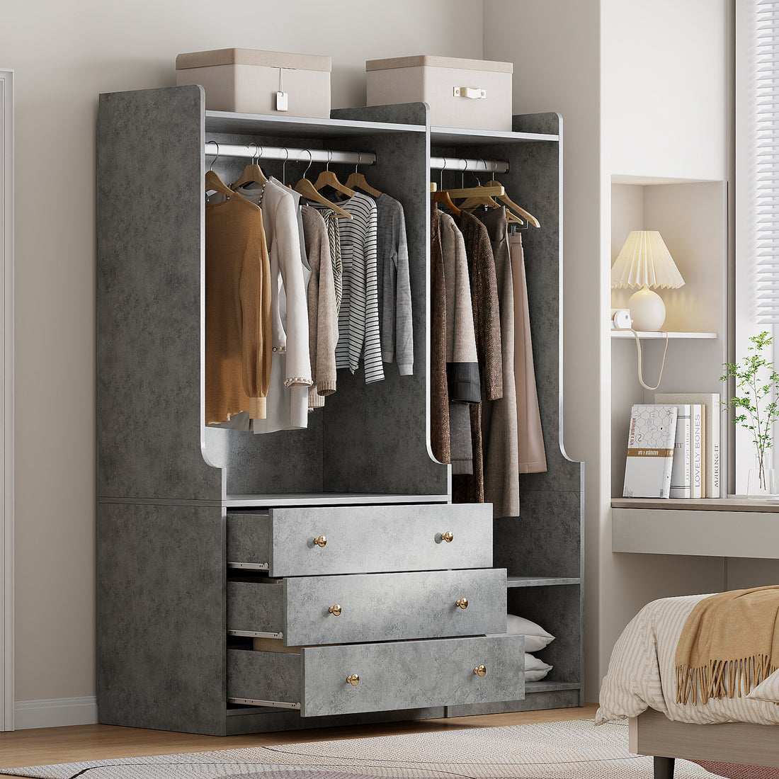 Open Wooden Wardrobe Storage For Bedroom, Gray Gray Particle Board