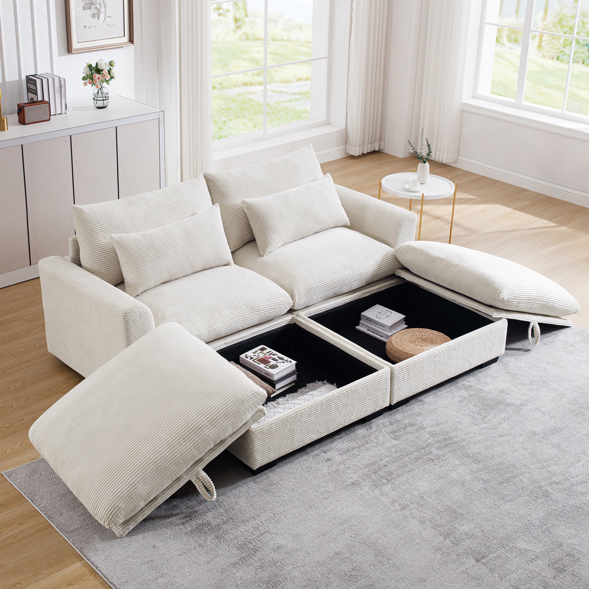 Corduroy Two Seater Sofa With 2 Storage Footrest, 2 Seater Sectional Deep Seat Sofa,Comfy Couches For Living Room ,Beige Sofa Beige Corduroy 2 Seat