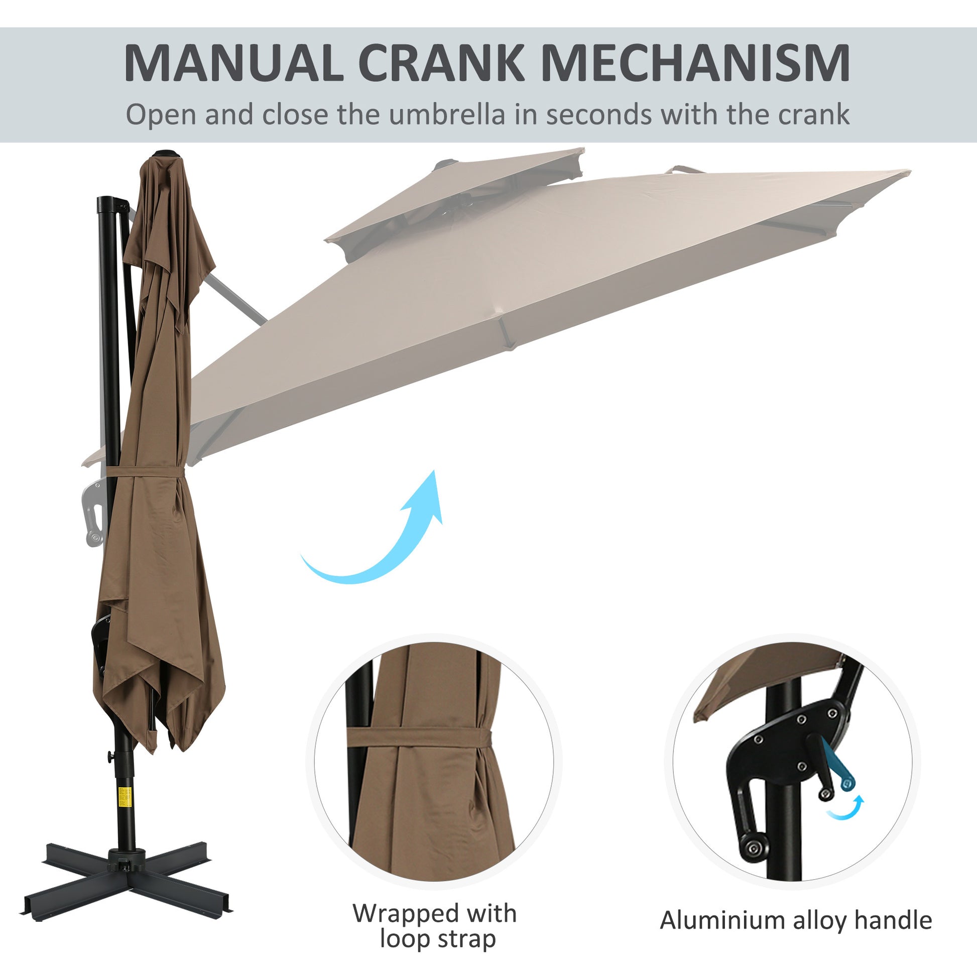 Outsunny 10Ft Offset Patio Umbrella With Base, Double Top Hanging Aluminum Cantilever Umbrella With 360 Degree Rotation, Easy Tilt, 8 Ribs, Crank, Cross Base, Cover, Strap, Coffee Coffee Steel