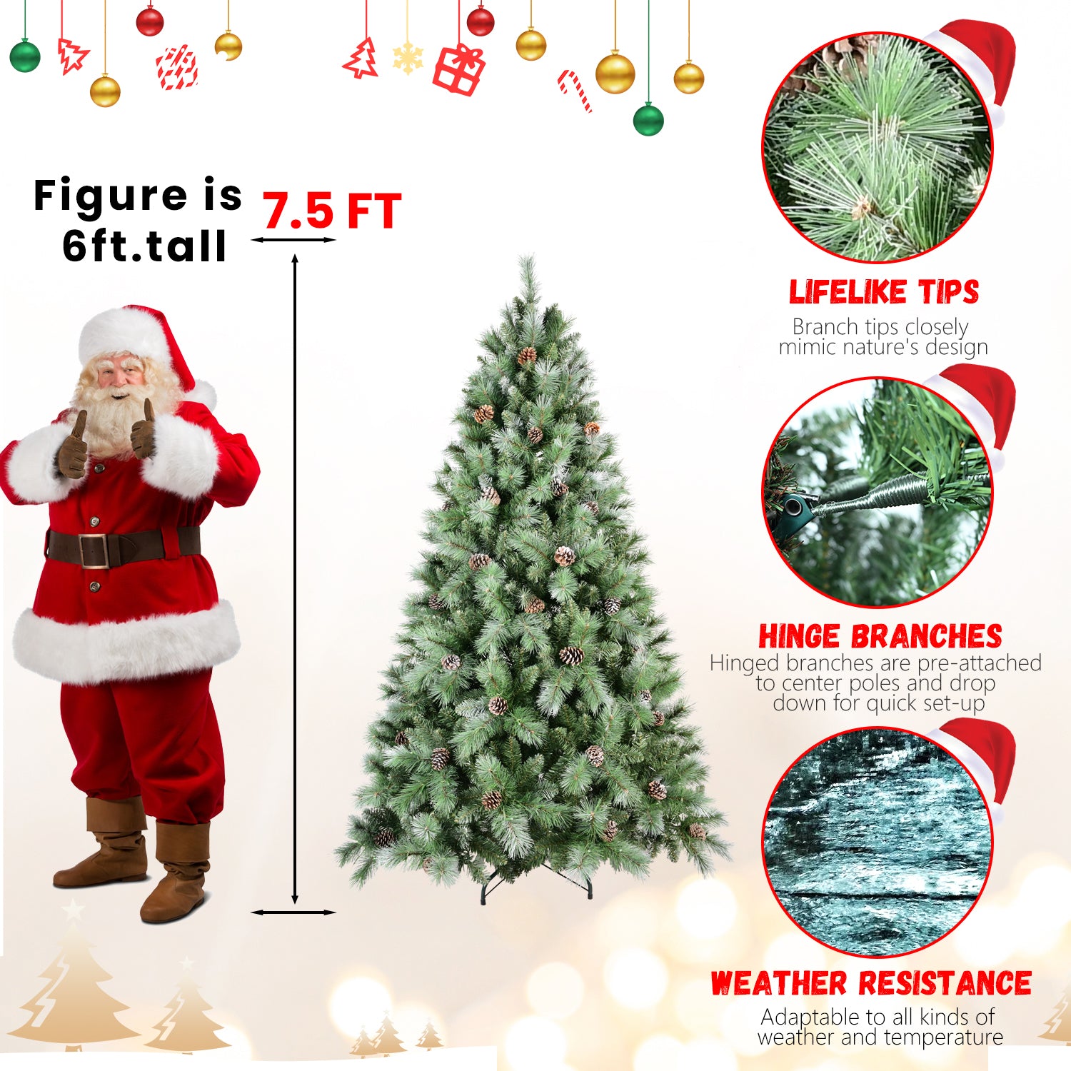 8Ft Scotch Pine Christmas Tree, Premium Frosted Pre Decorated Artificial Holiday Decor W 1,858 Branch Tips, Xmas Trees For Holiday Party Decoration Green Polyethylene