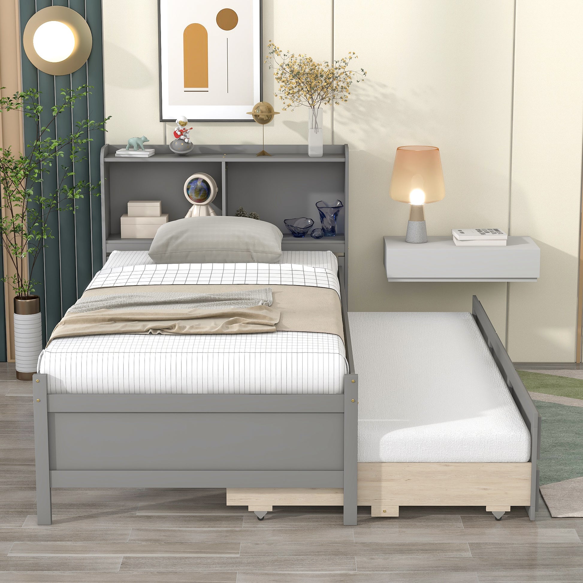 Twin Bed With Twin Trundle,Drawers,Grey Twin Grey Pine