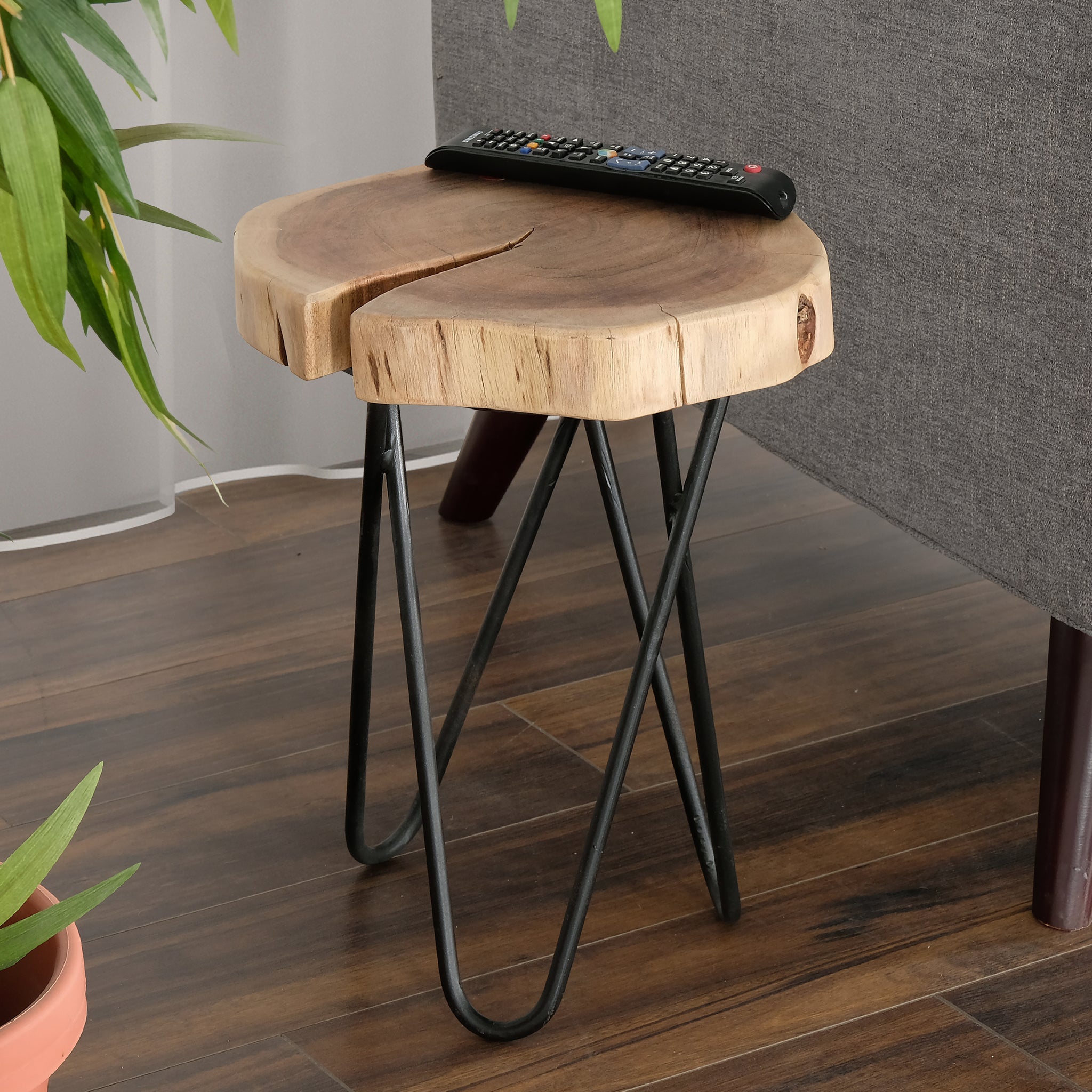 12" Acacia Wood End Side Table, Living Room Accent Stool, Iron Hairpin Legs, Home D Cor, Brown Black Black Brown Brown Primary Living Space Contemporary Freestanding Acacia Coffee & End Tables Round Acacia Wood Hairpin