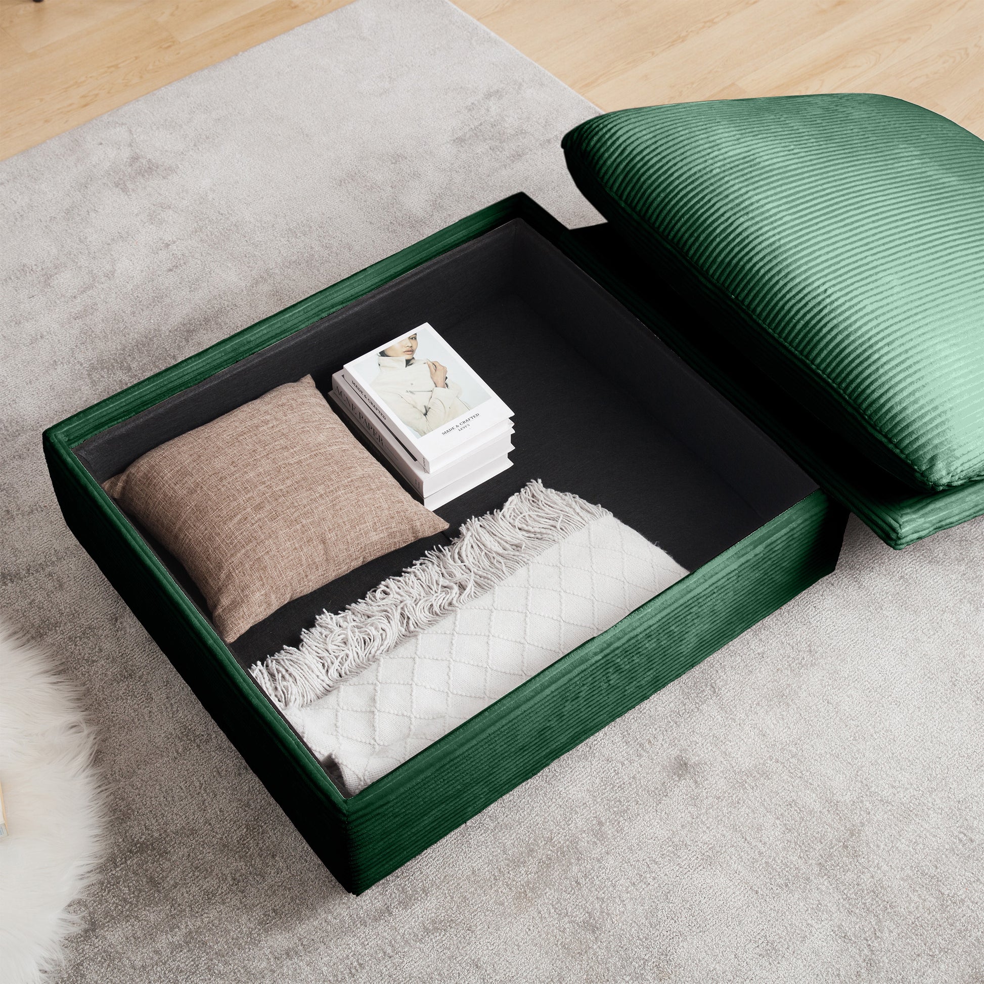 Corduroy Sectional Sofa, L Shaped Couch With Storage Footstool And 3 Pillow, Sectional Couch For Living Room Apartment, Green Green Corduroy 3 Seat