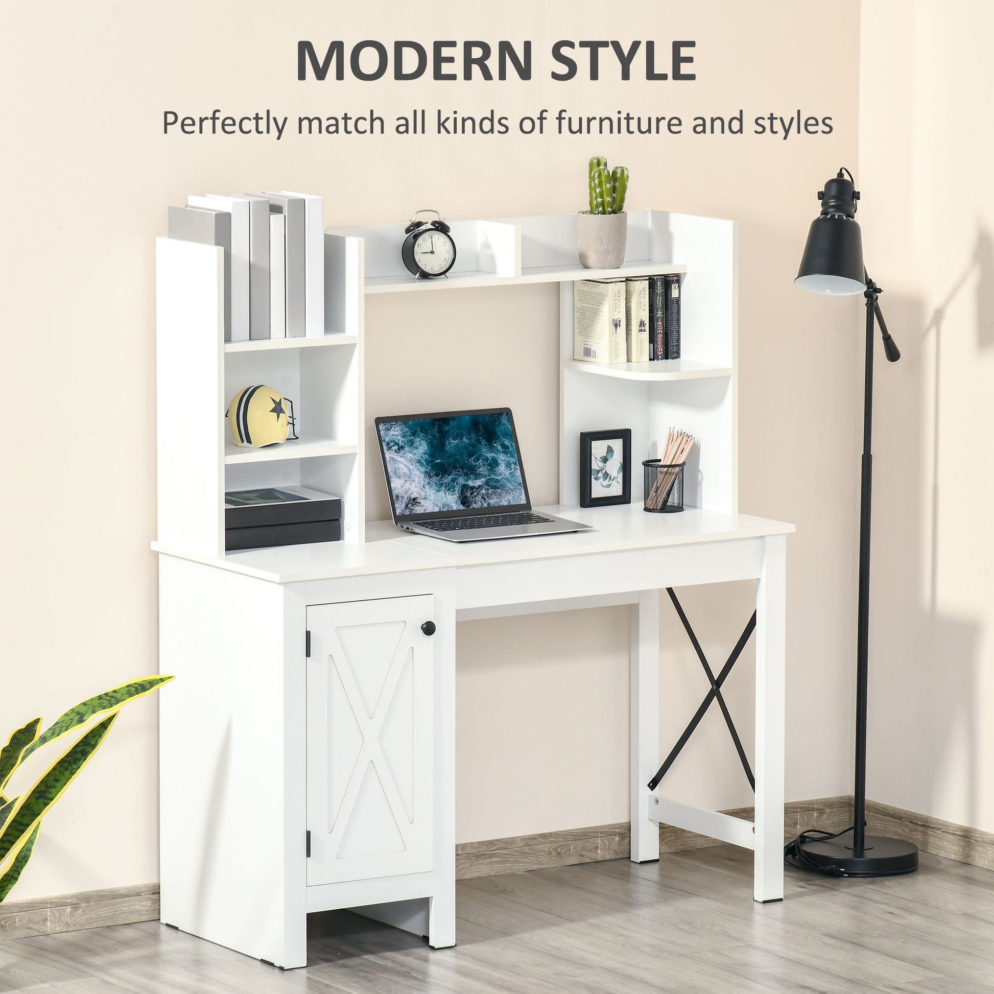 Homcom Farmhouse Computer Desk With Hutch And Cabinet, Home Office Desk With Storage, For Study, White White Particle Board