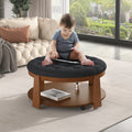 Modern Large Round Ottoman Coffee Table 2 Tier Oversized Button Tufted Ottoman With Wood Shelf Storage Upholstered Coffee Table For Living Room Footrest Ottoman With Wheel, Waterproof Linen Black Brown Rubber Wood
