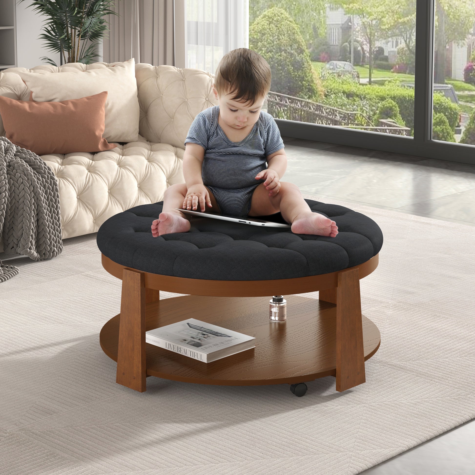 Modern Large Round Ottoman Coffee Table 2 Tier Oversized Button Tufted Ottoman With Wood Shelf Storage Upholstered Coffee Table For Living Room Footrest Ottoman With Wheel, Waterproof Linen Black Brown Rubber Wood