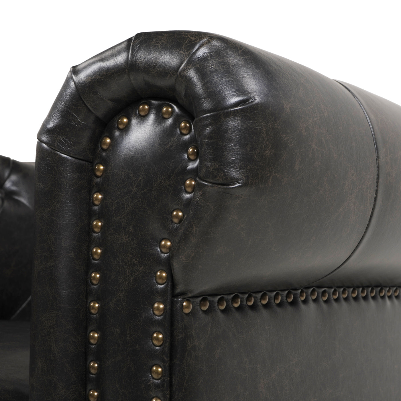 Winston 42.5" Chesterfield Accent Armchair, Vintage Black Brown Faux Leather Black Vintage Foam Faux Leather