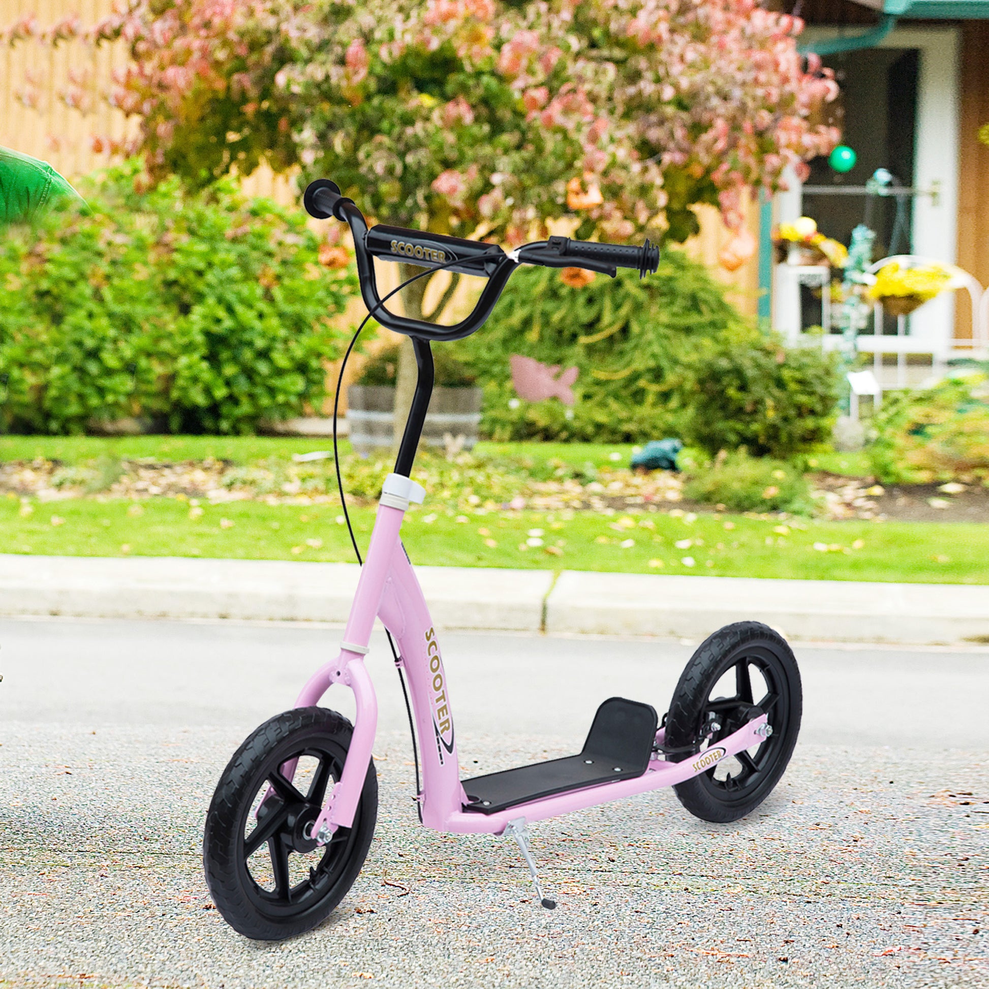 Homcom Kick Scooter For Kids 5 12 Years Old, Big Wheel Kids Scooter With Adjustable Height Handlebar, Non Slip Footplate, Rear Brake, Pink Pink Steel