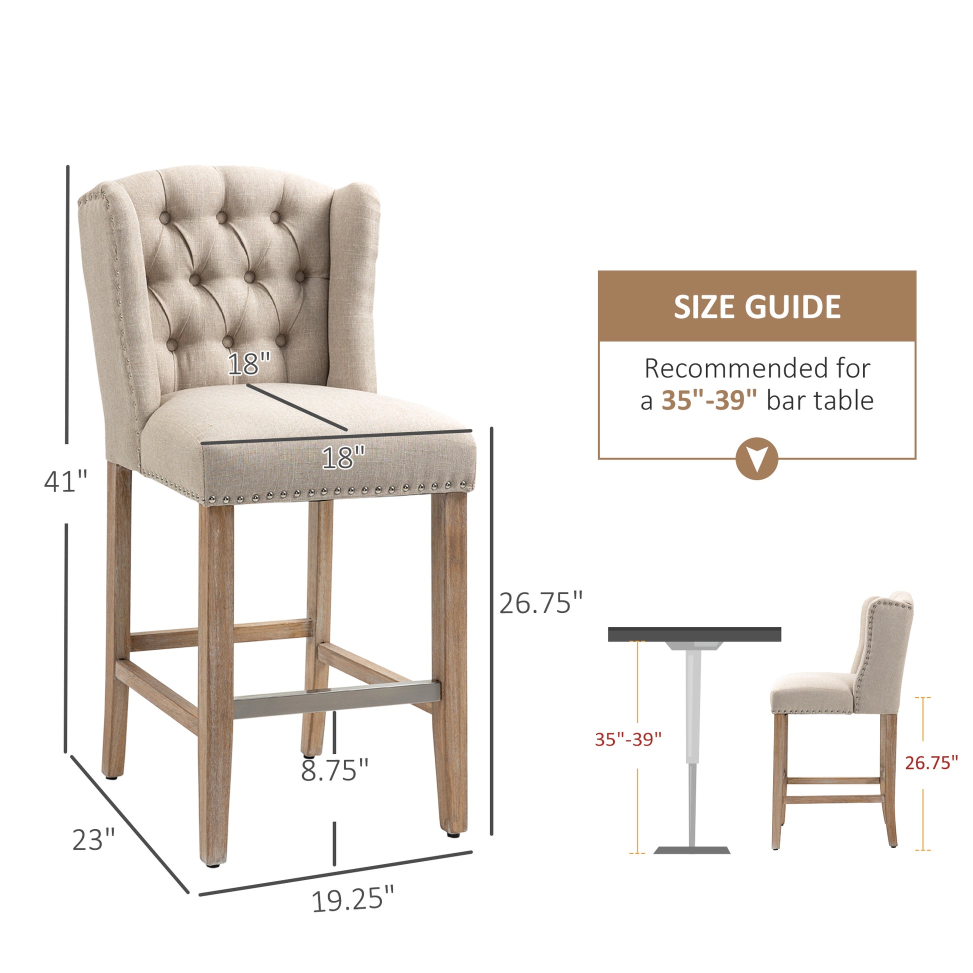 Homcom Counter Height Bar Stools Set Of 2 With Wood Legs, Beige Beige Polyester
