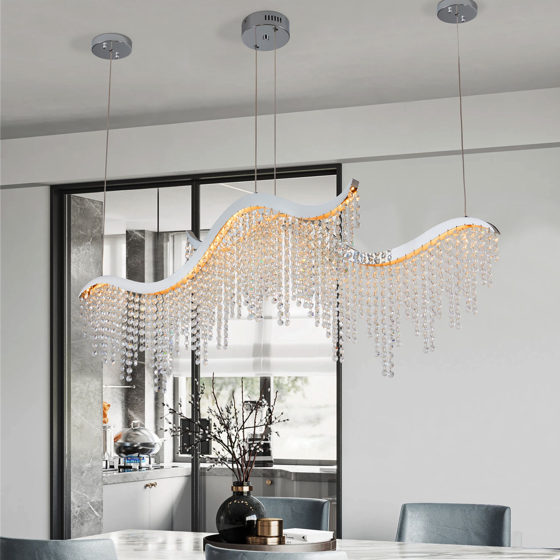 36.2 Inch Dangling Wave Crystal Chandeliers Chrome,Transparent Modern Crystal,Stainless Steel