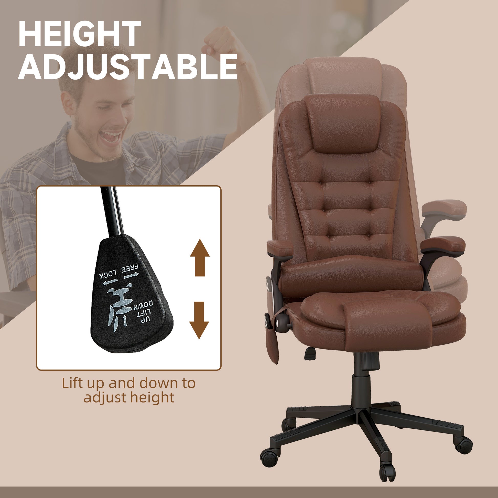 Homcom High Back Vibration Massage Office Chair With 6 Vibration Points, Heated Reclining Pu Leather Computer Chair With Armrest And Remote, Brown Brown Pu