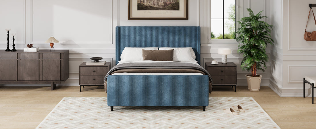 50.7'' High Headboard Corduroy Upholstered Bed Frame With Vertical Stripe Wingback And High Footboard No Box Spring Needed,King Size, Blue Box Spring Not Required King Blue Wood Bedroom Modern Bed Frame Wood