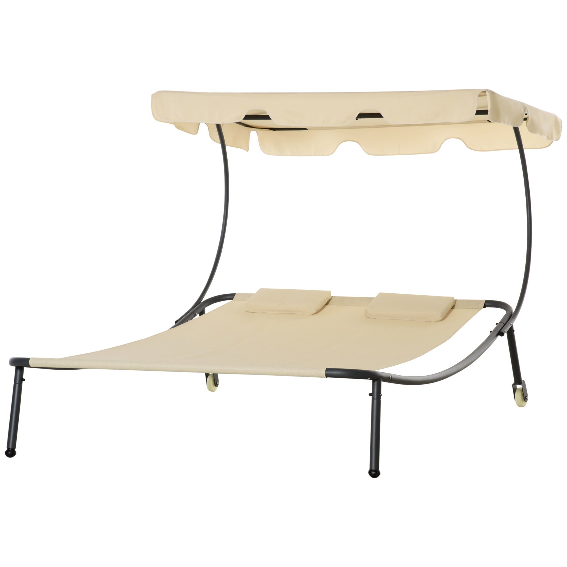 Outsunny Patio Double Chaise Lounge Chair, Outdoor Wheeled Hammock Daybed With Adjustable Canopy And Pillow For Sun Room, Garden, Or Poolside, Beige Beige Steel