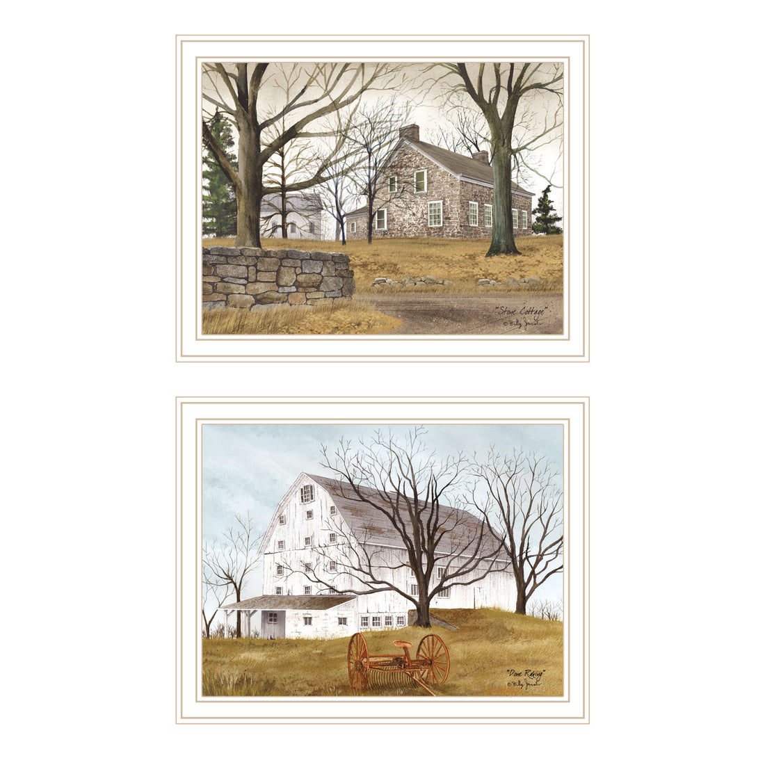 2 Piece Vignette Stone Cottage Farmhouse & White Wooden Barn With Hay Rake White Framed Wall Art For Living Room, Bedroom Wall Art Print For Home Decor By Billy Jacobs Multicolor Wood Paper