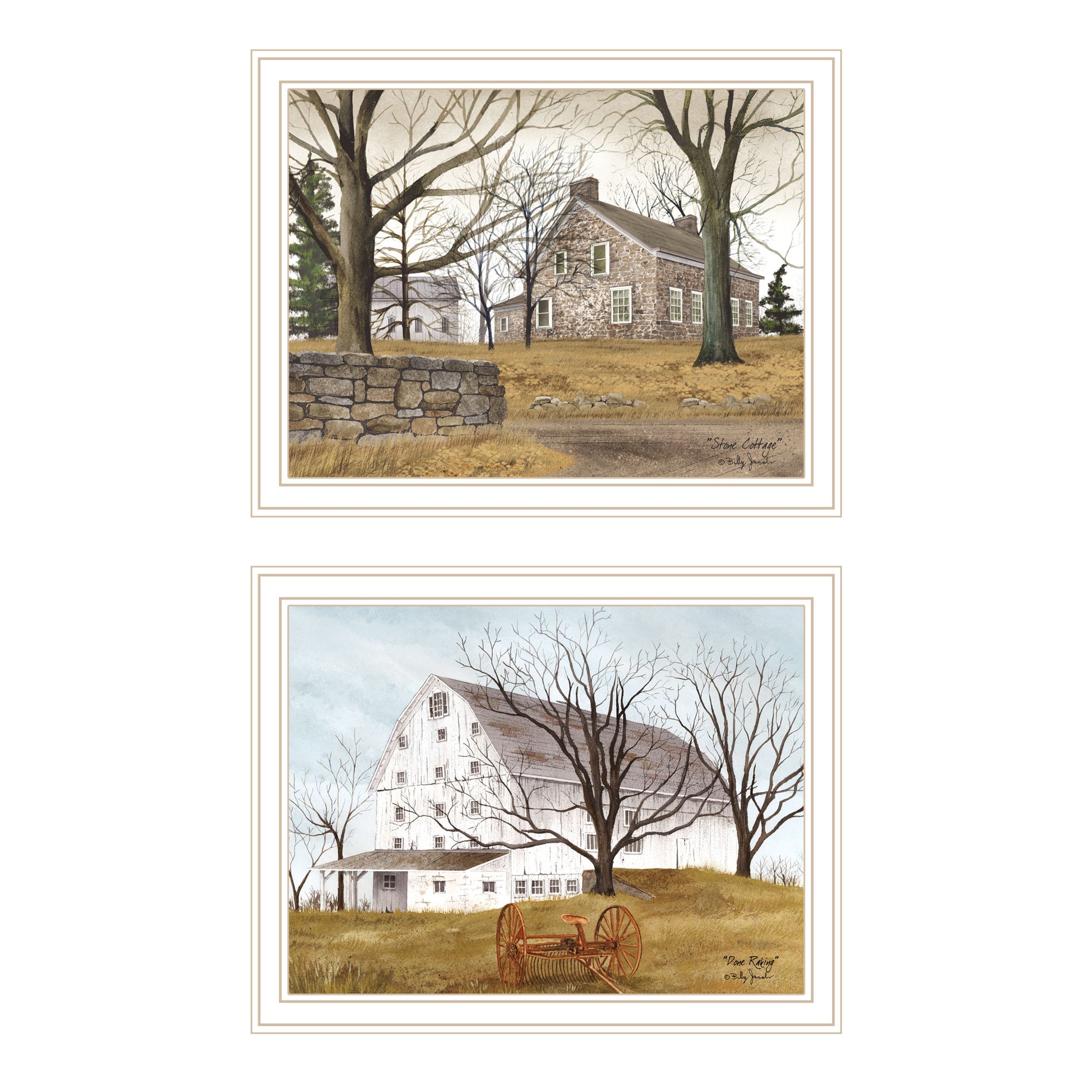 2 Piece Vignette Stone Cottage Farmhouse & White Wooden Barn With Hay Rake White Framed Wall Art For Living Room, Bedroom Wall Art Print For Home Decor By Billy Jacobs Multicolor Wood Paper