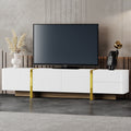 Luxury Fluted Tv Stand For Tvs Up To 80'', Modern Entertainment Center With Storage Cabinets & Drawers, Smooth Media Console With Golden Wood Grain Legs For Living Room, White White Primary Living Space 80 89 Inches Particle Board Mdf